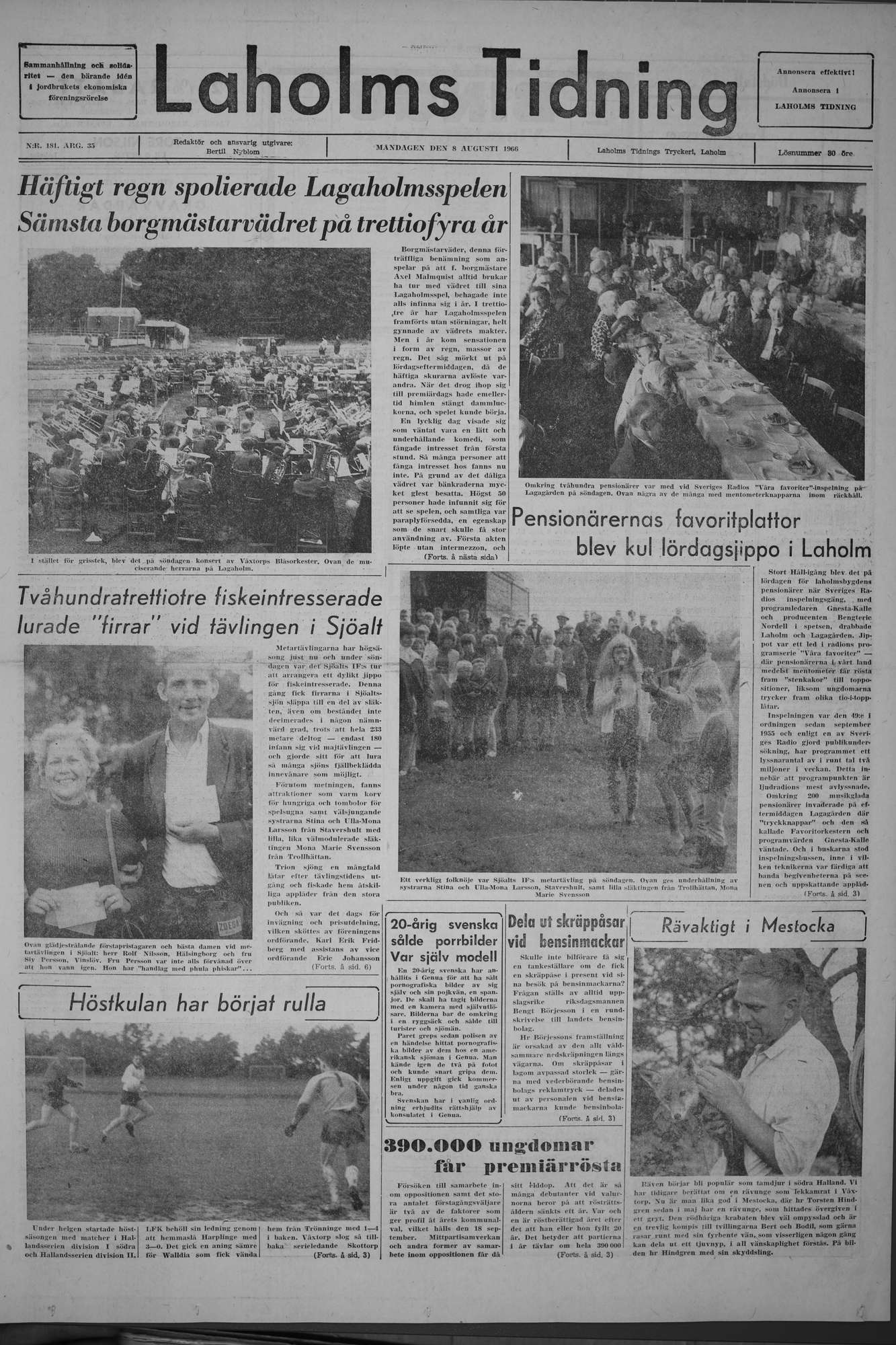 Laholms Tidning Måndag 8 augusti 1966, sida 1