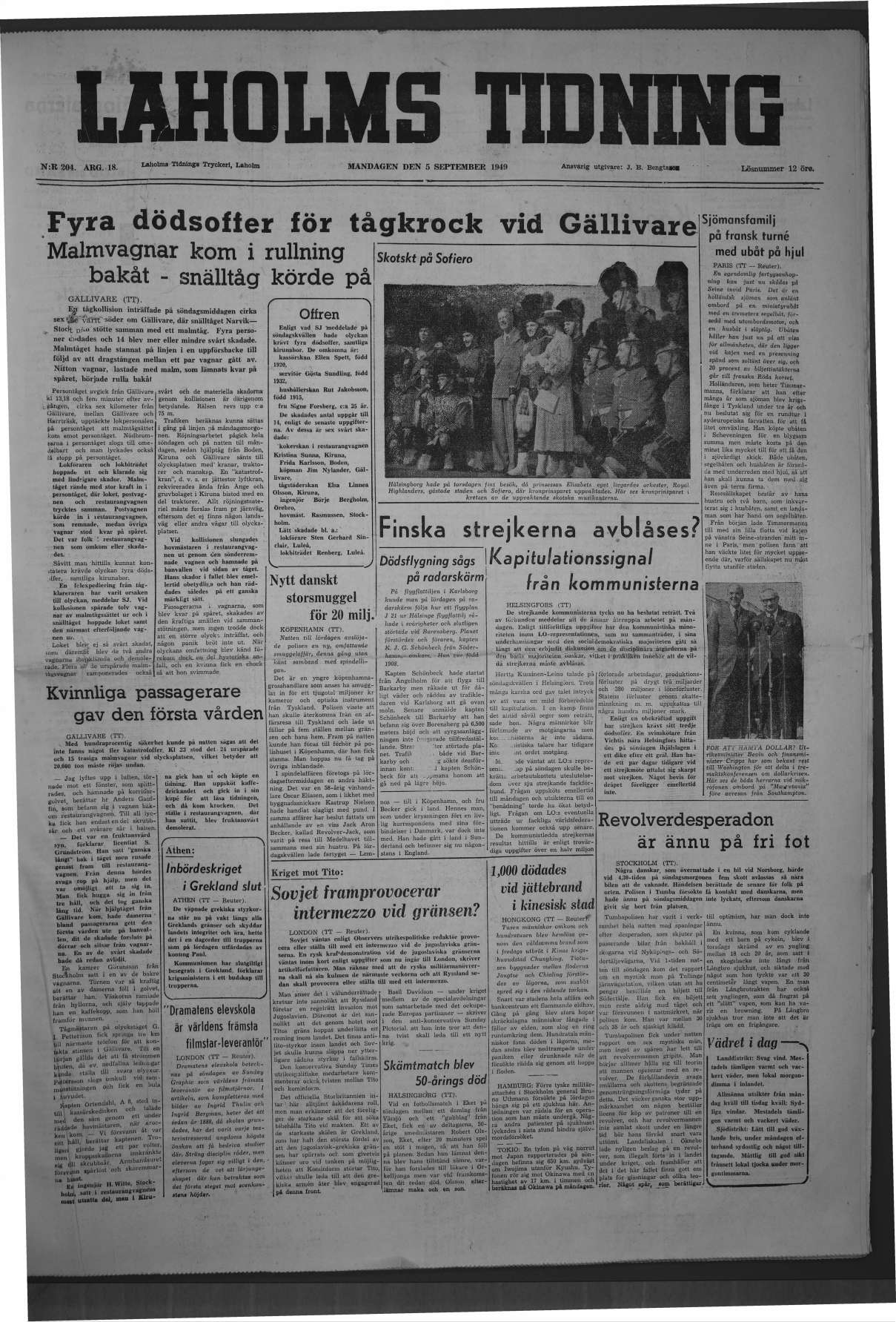 Laholms Tidning Måndag 5 september 1949, sida 1