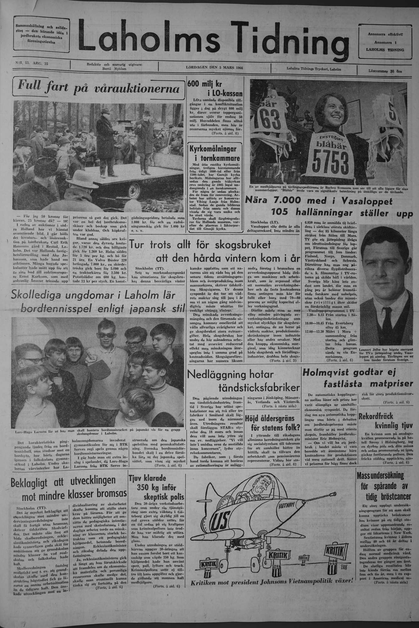Laholms Tidning Lördag 5 mars 1966, sida 1