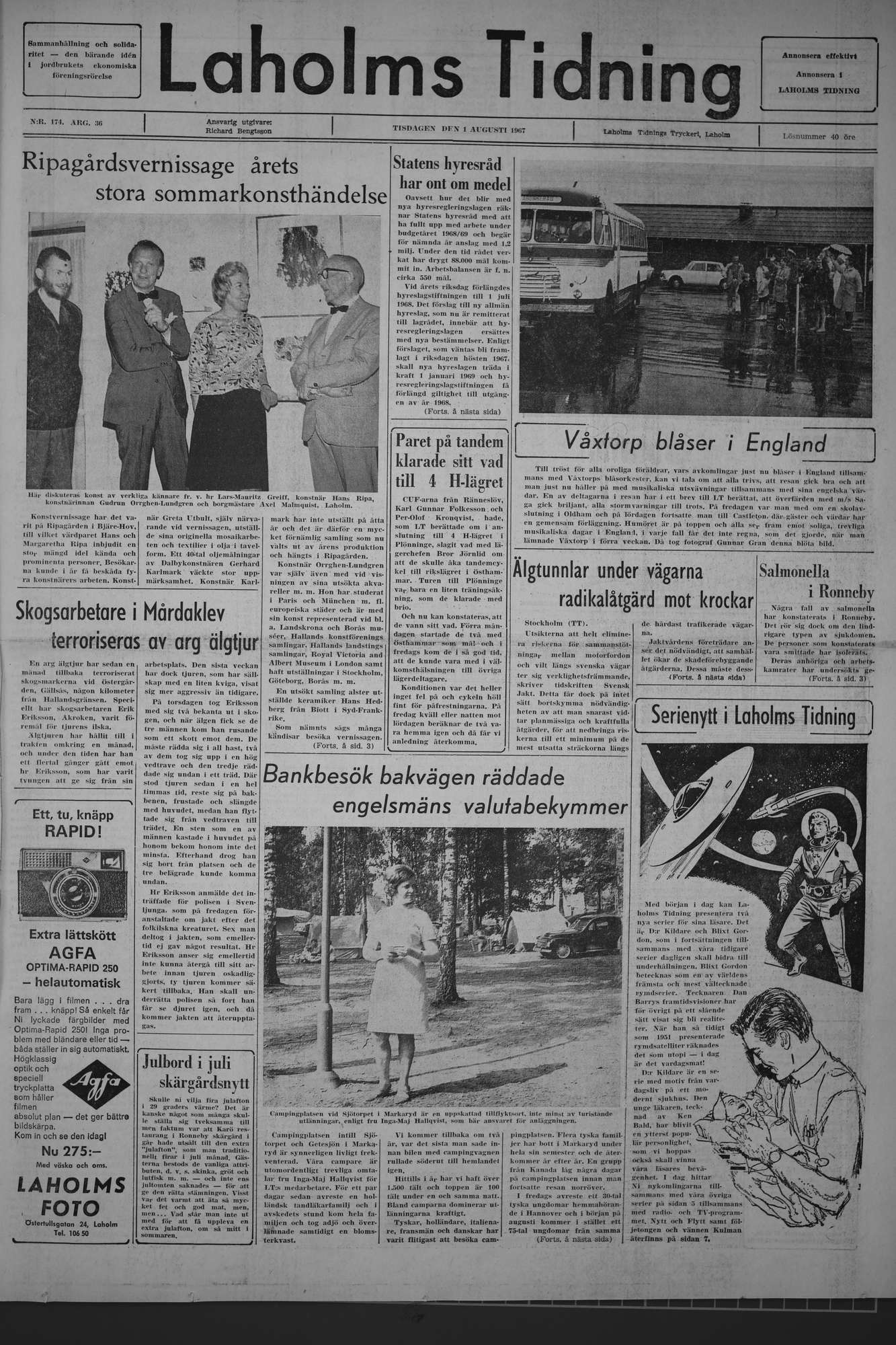 Laholms Tidning Tisdag 1 augusti 1967, sida 1