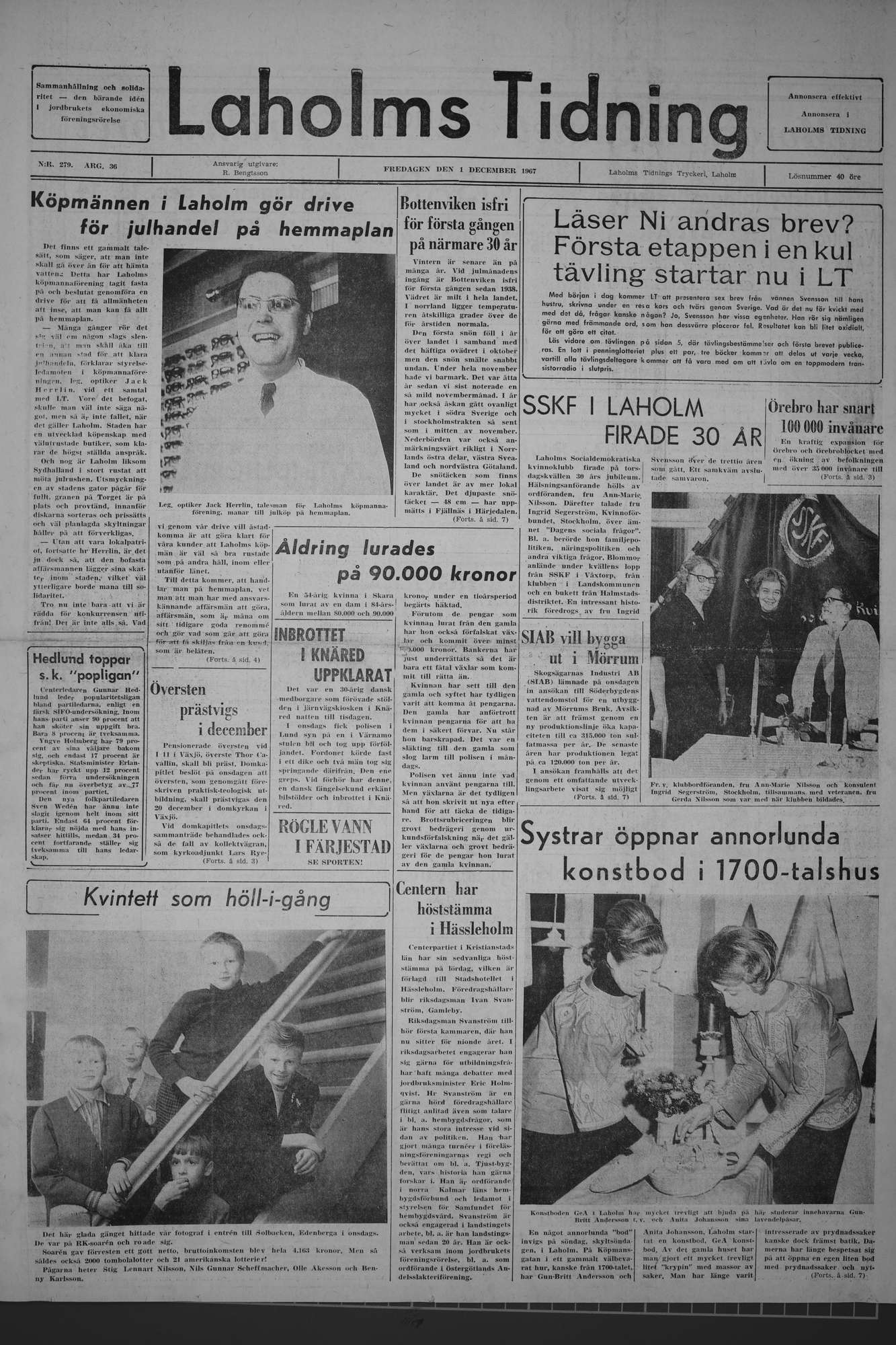 Laholms Tidning Fredag 1 december 1967, sida 1