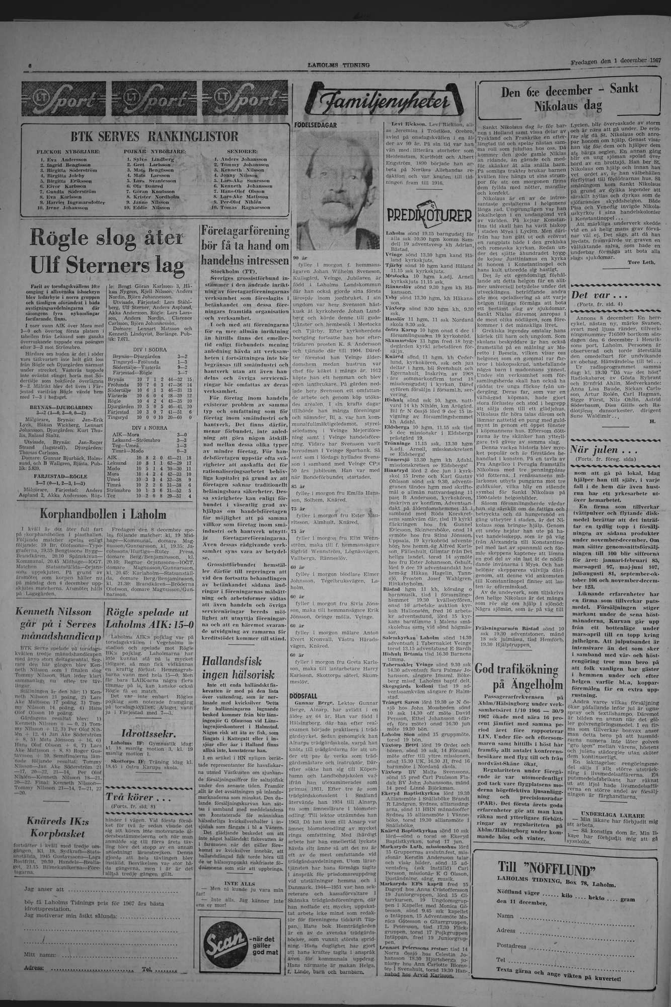 Laholms Tidning Fredag 1 december 1967, sida 6