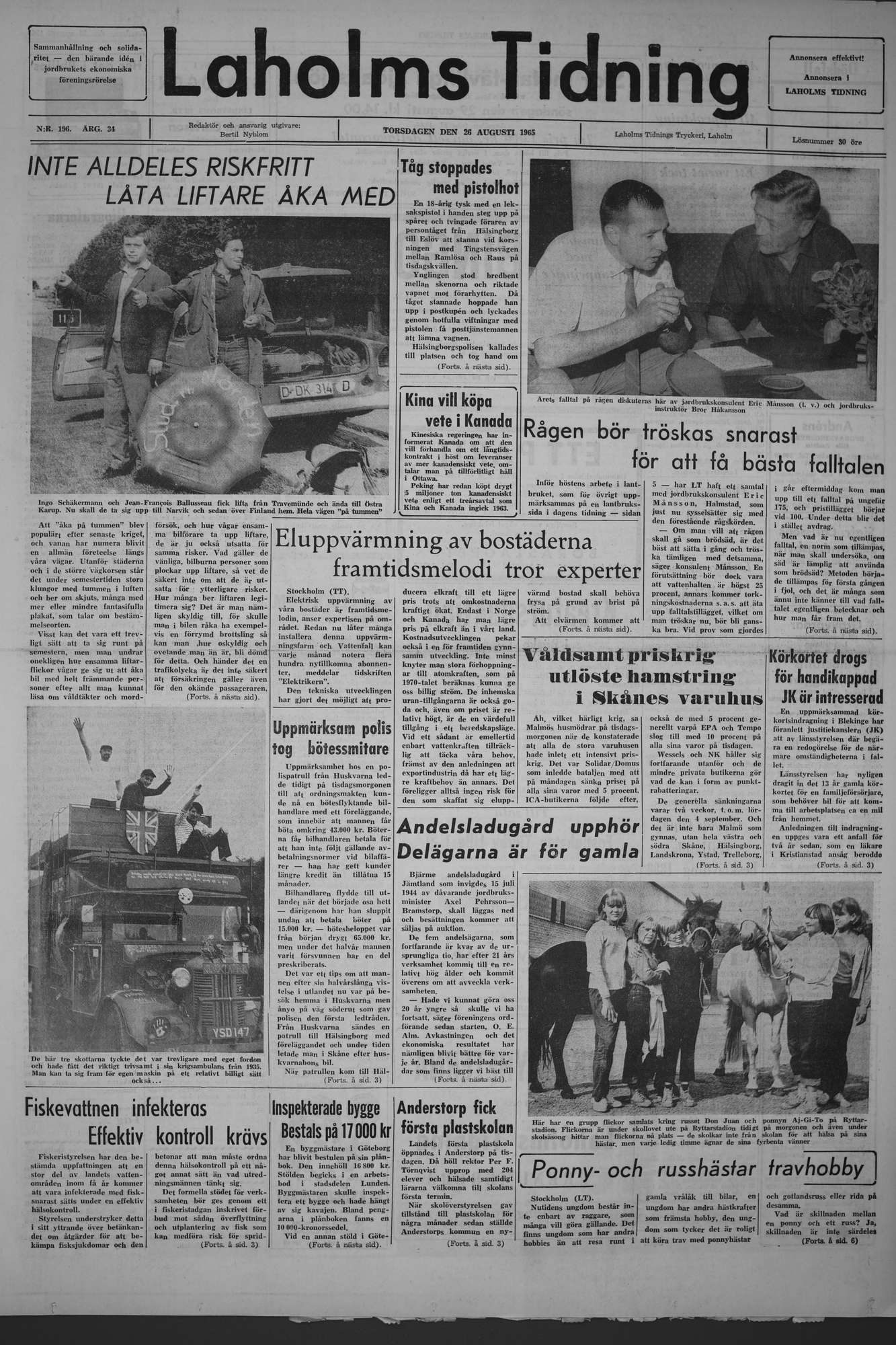 Laholms Tidning Torsdag 26 augusti 1965, sida 1