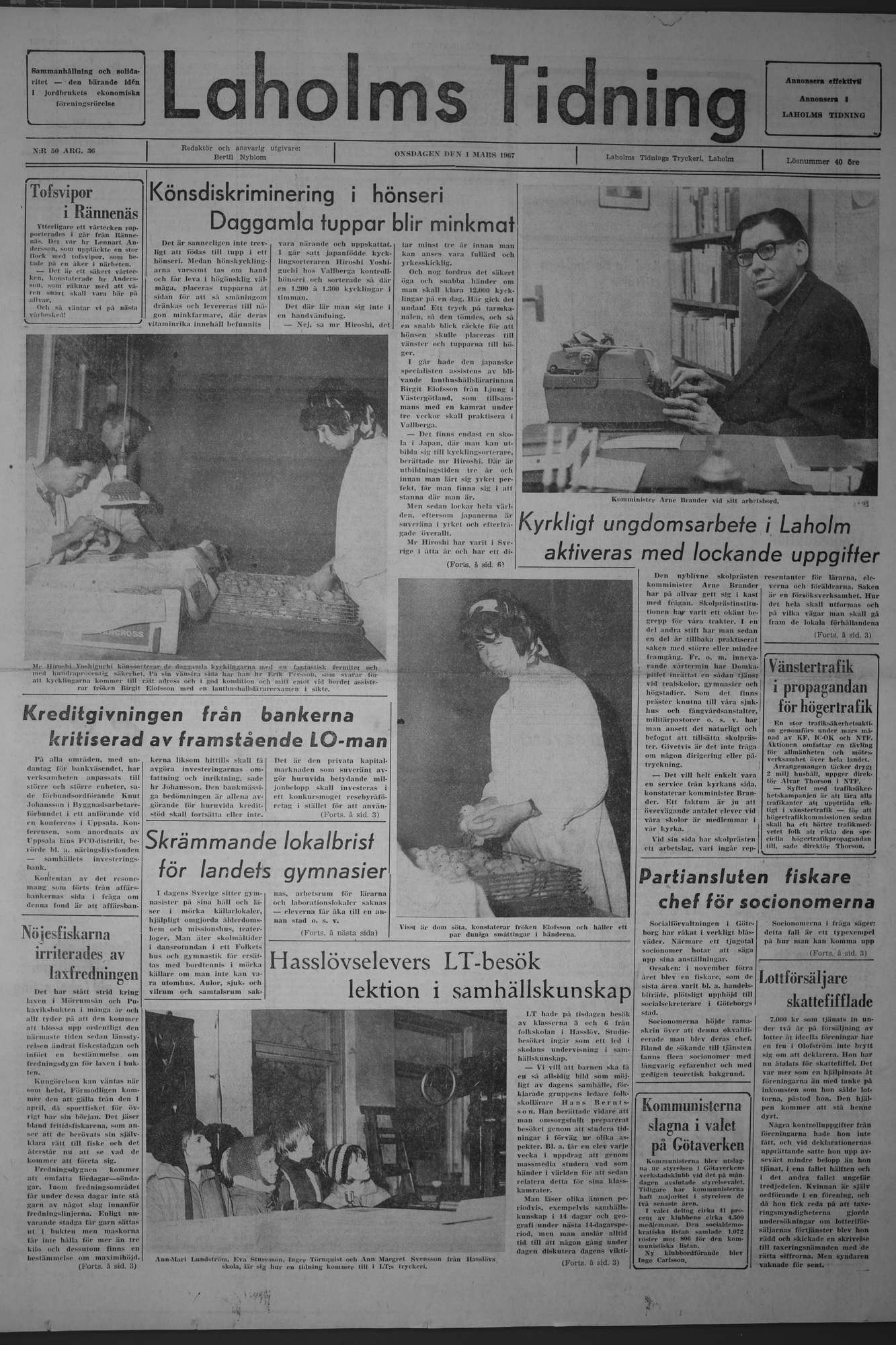 Laholms Tidning Onsdag 1 mars 1967, sida 1