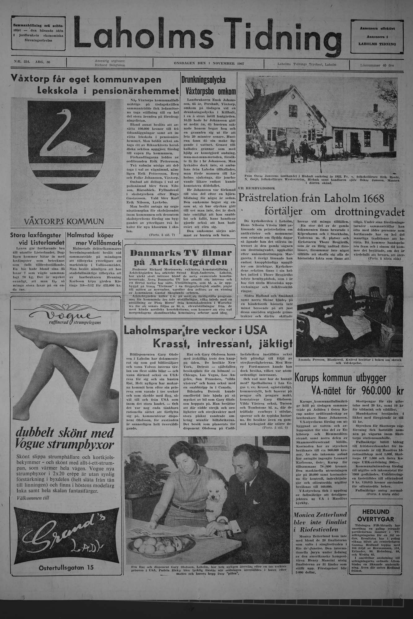 Laholms Tidning Onsdag 1 november 1967, sida 1