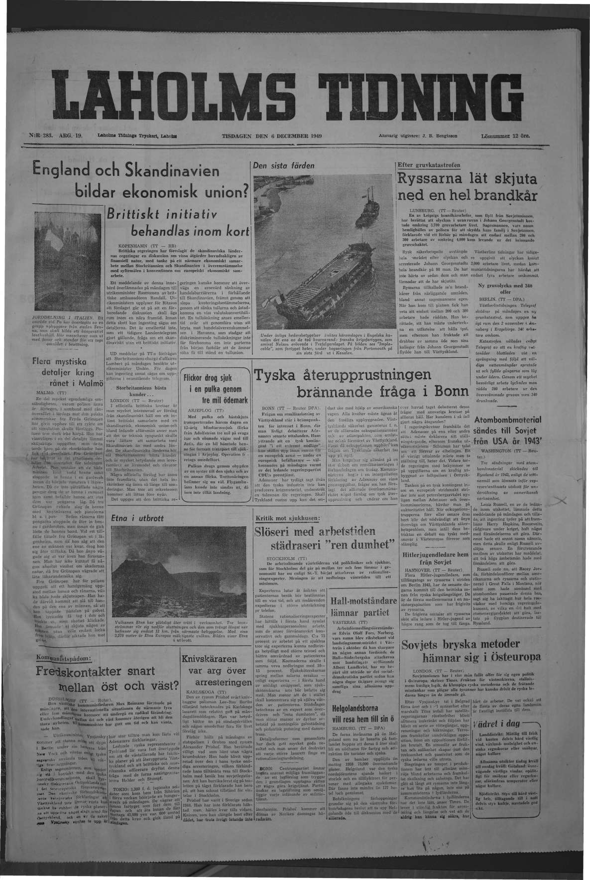 Laholms Tidning Tisdag 6 december 1949, sida 1