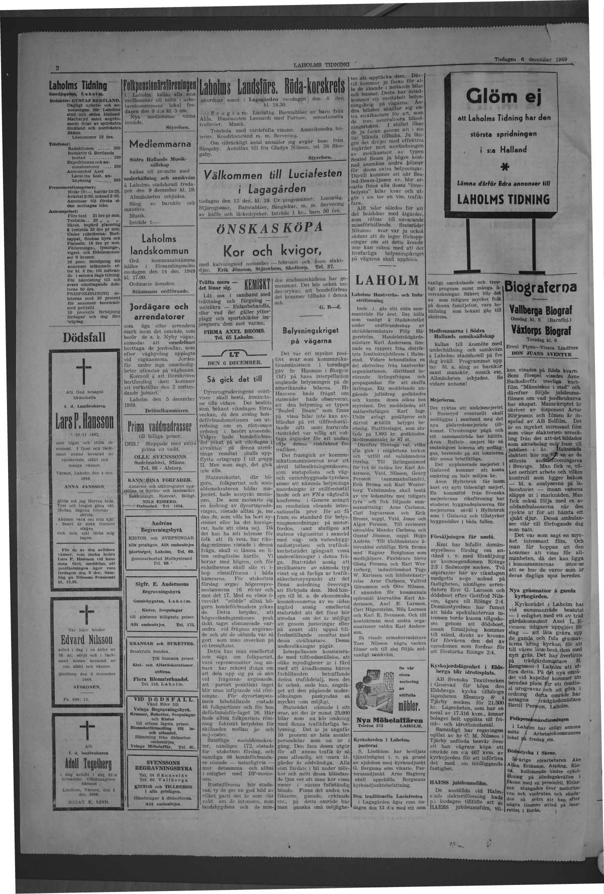 Laholms Tidning Tisdag 6 december 1949, sida 2