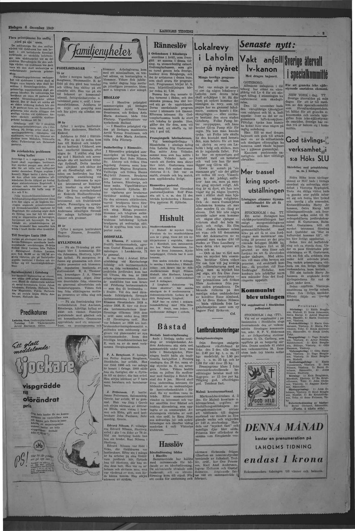 Laholms Tidning Tisdag 6 december 1949, sida 3