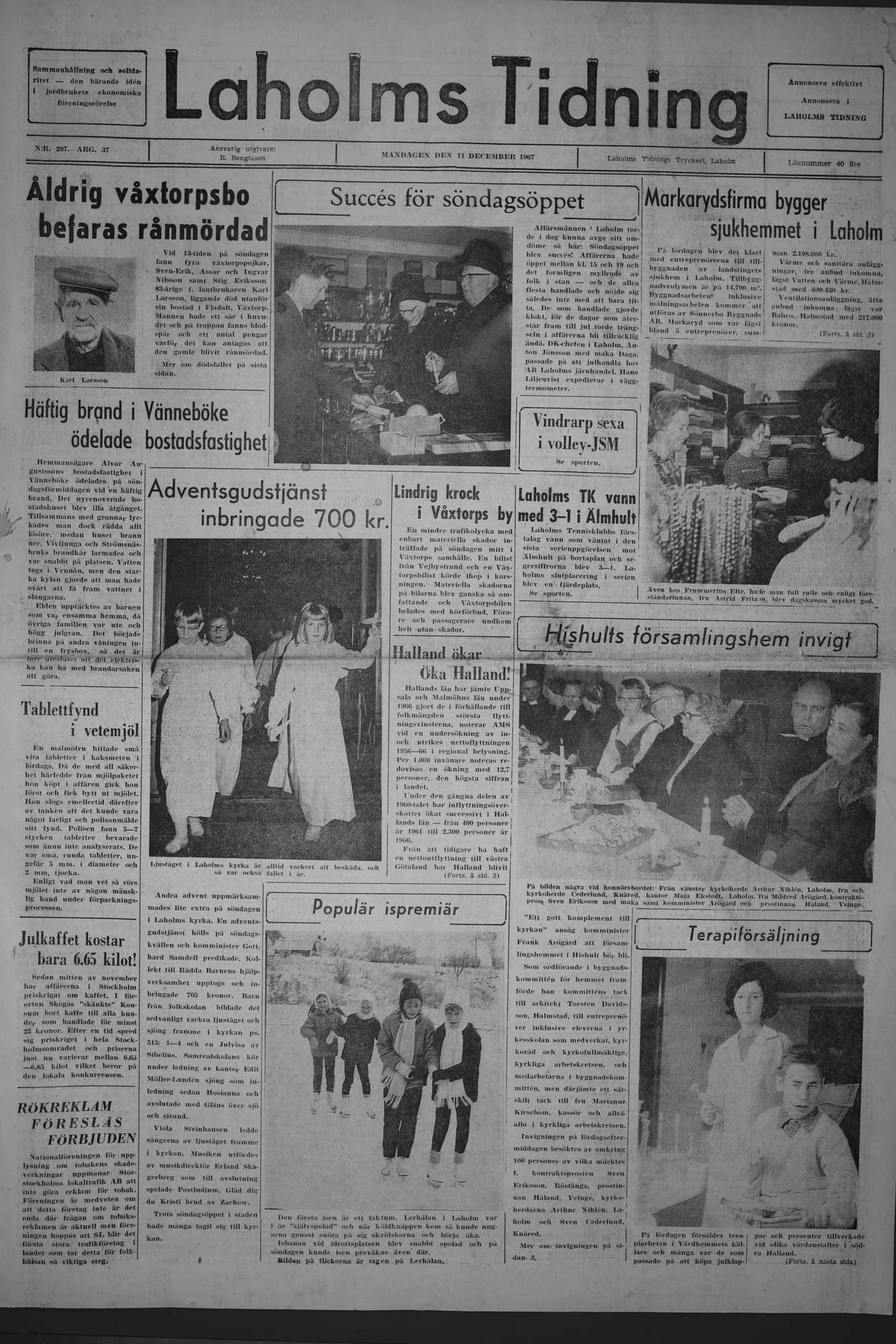 Laholms Tidning Måndag 11 december 1967, sida 1