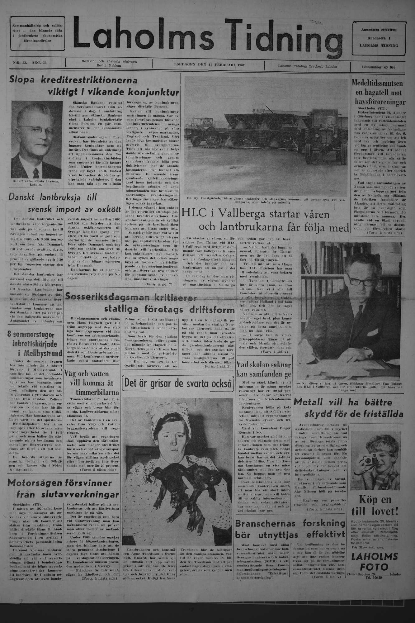 Laholms Tidning Lördag 11 februari 1967, sida 1