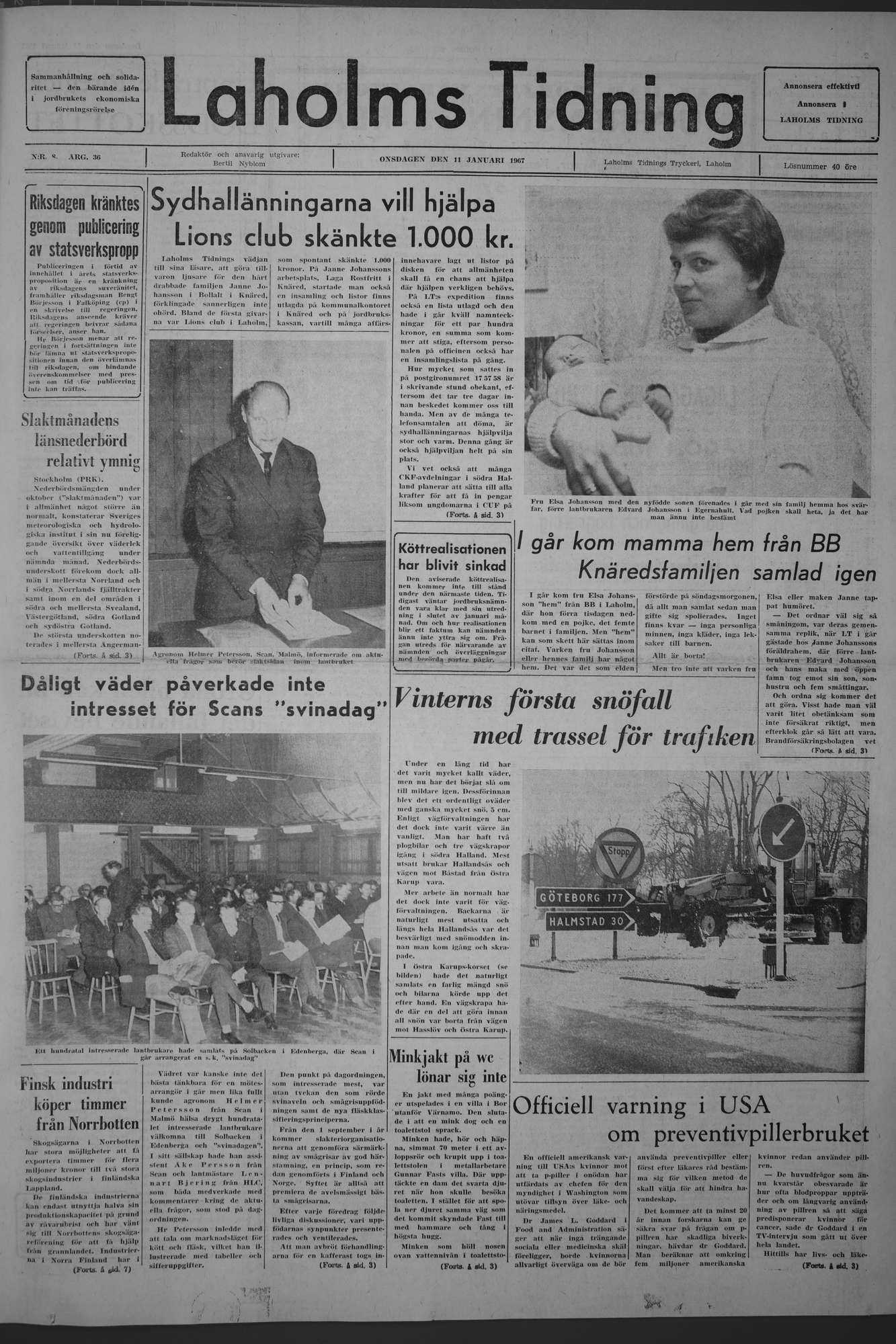 Laholms Tidning Onsdag 11 januari 1967, sida 1