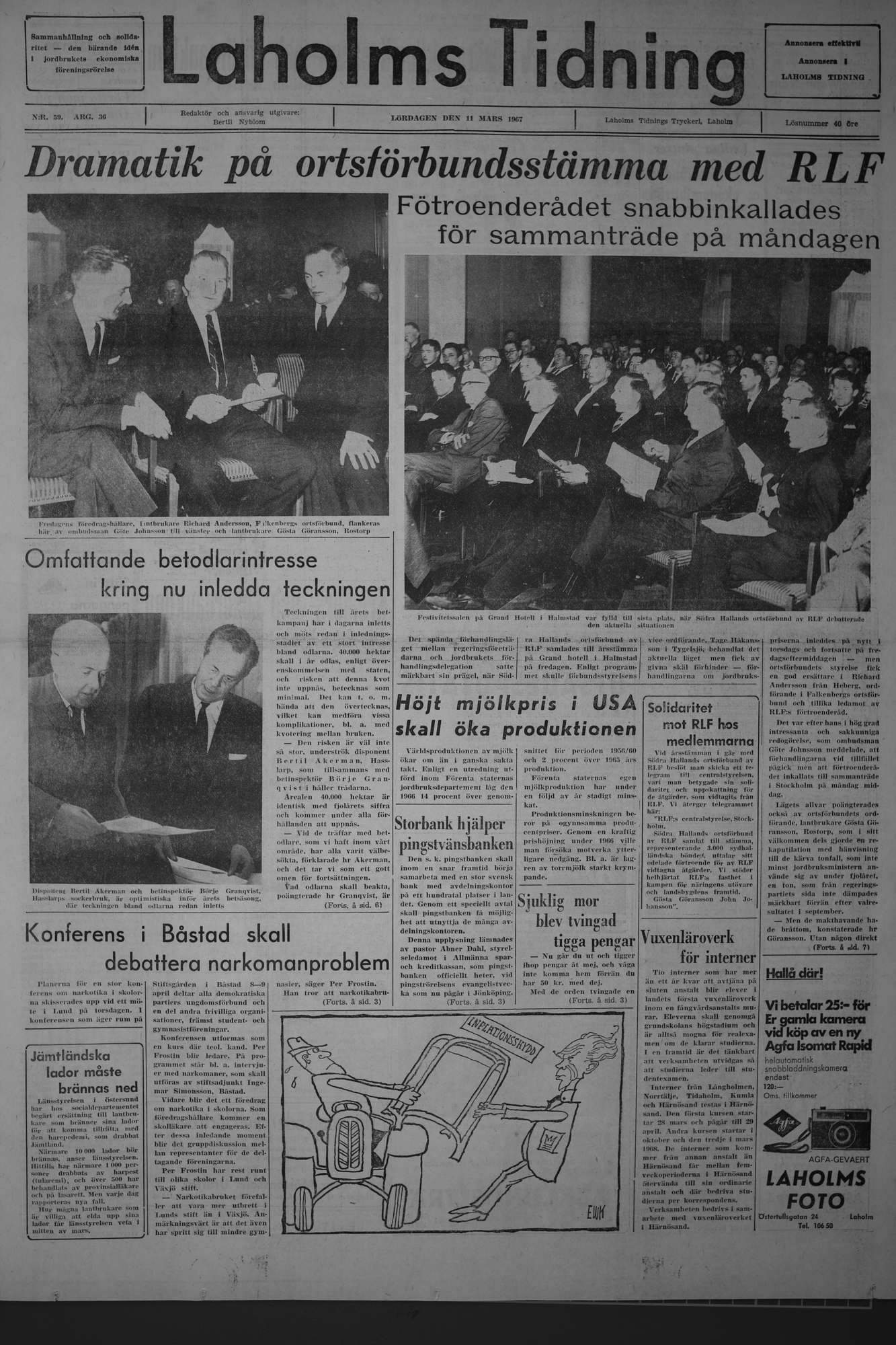 Laholms Tidning Lördag 11 mars 1967, sida 1