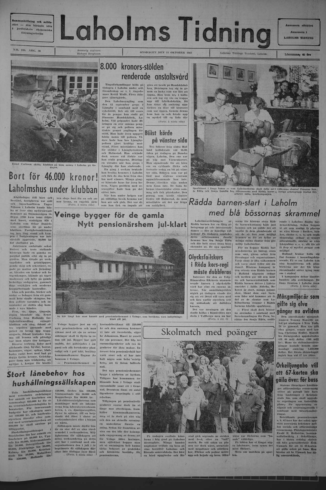 Laholms Tidning Onsdag 11 oktober 1967, sida 1