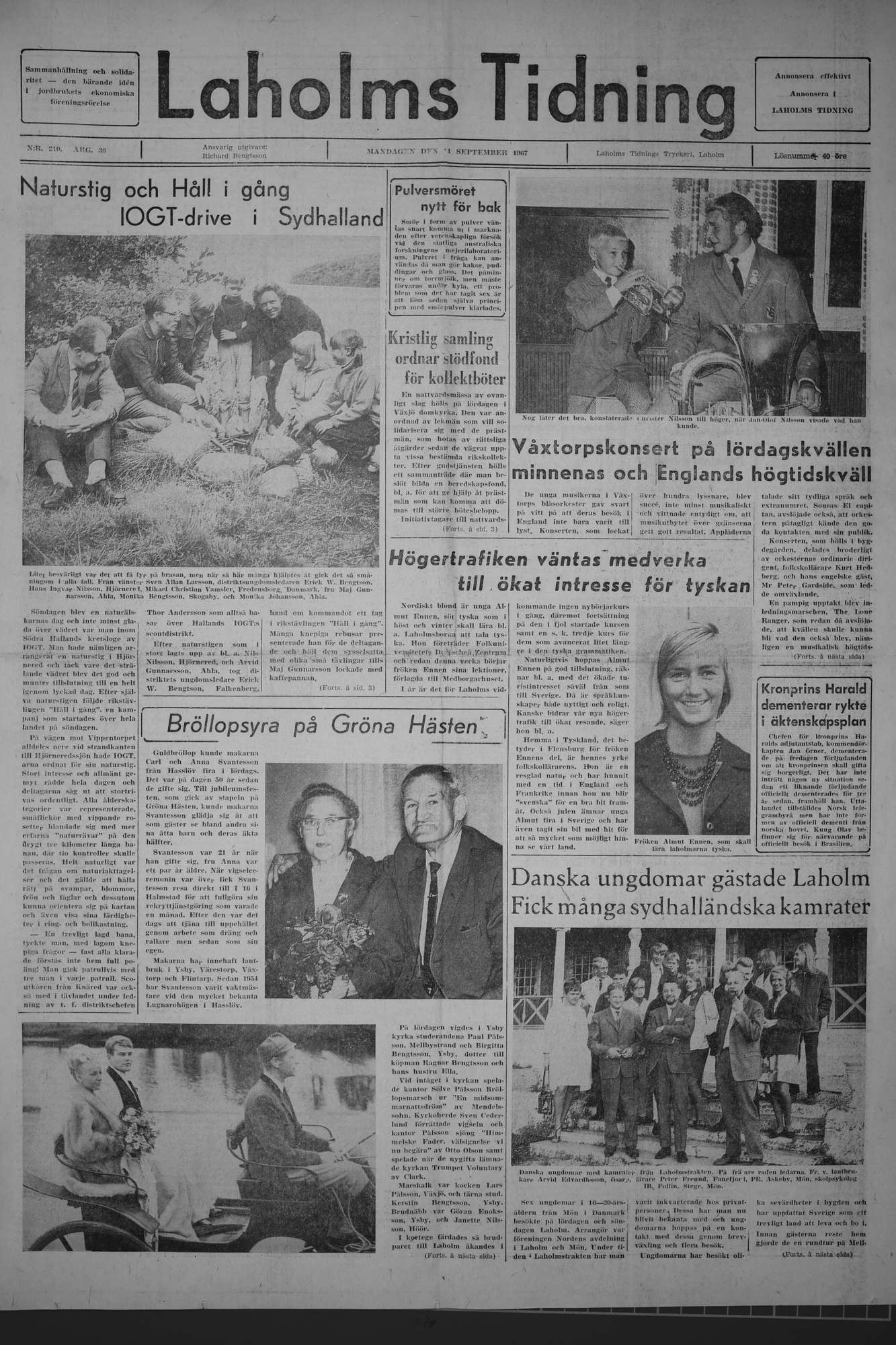 Laholms Tidning Måndag 11 september 1967, sida 1