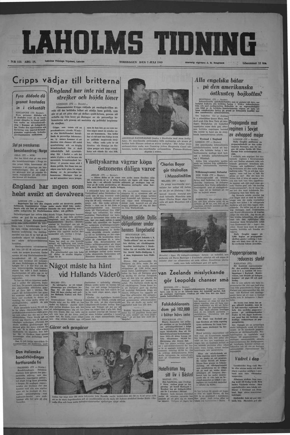 Laholms Tidning Torsdag 7 juli 1949, sida 1