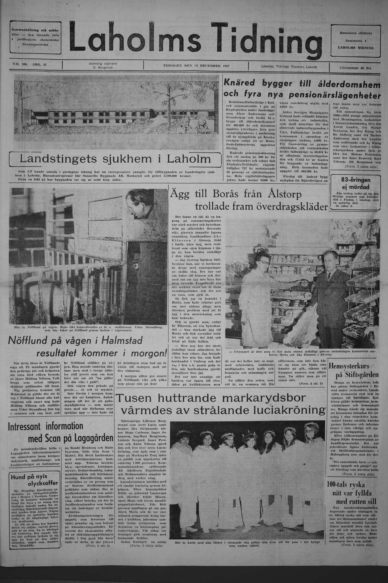 Laholms Tidning Tisdag 12 december 1967, sida 1
