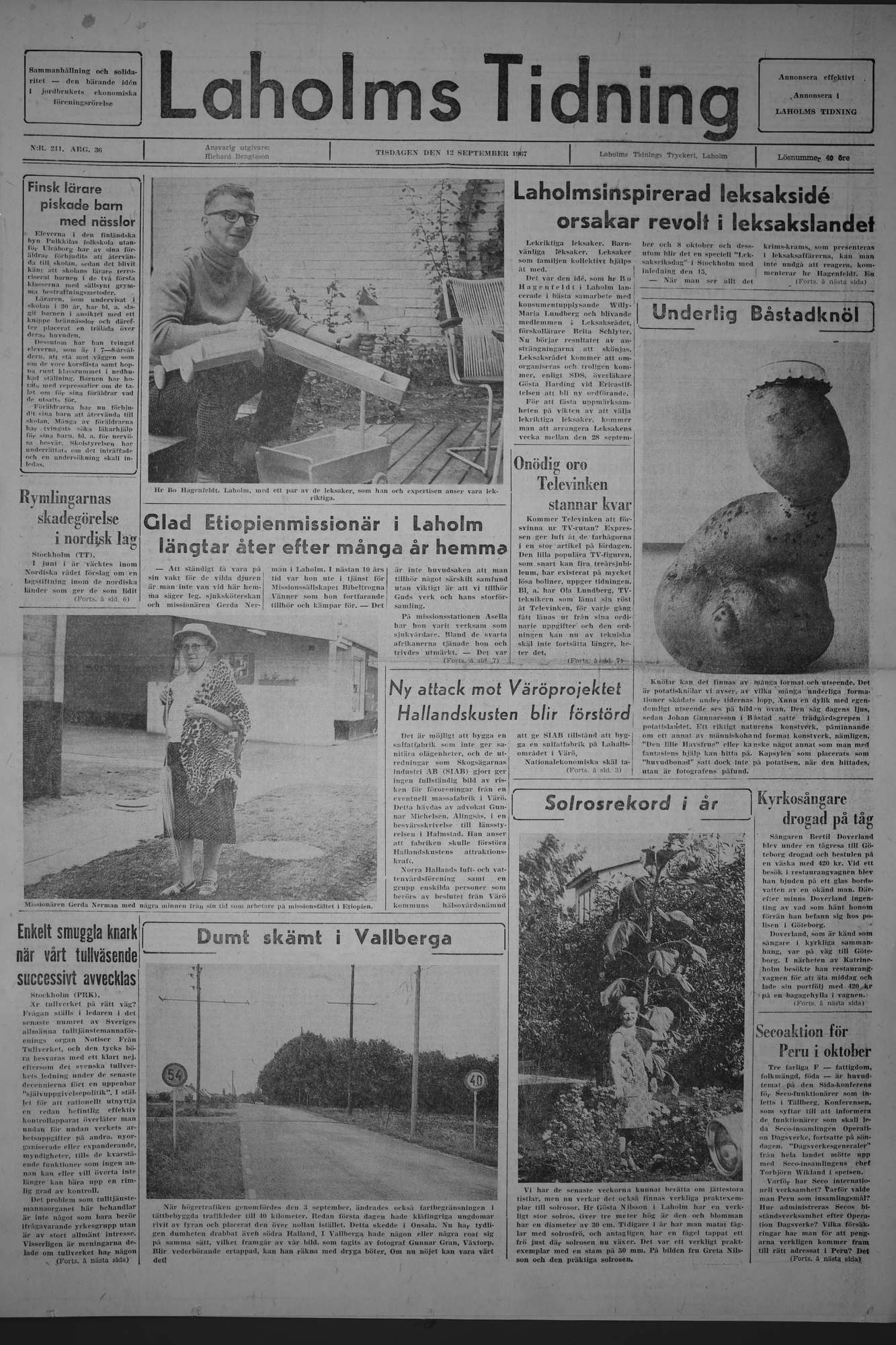 Laholms Tidning Tisdag 12 september 1967, sida 1