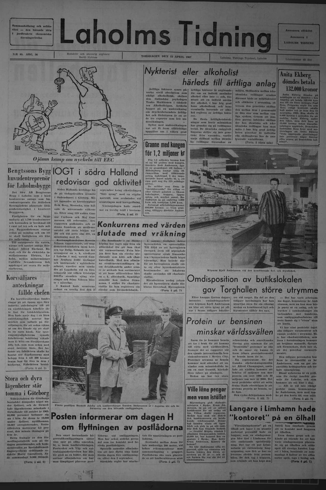 Laholms Tidning Torsdag 13 april 1967, sida 1
