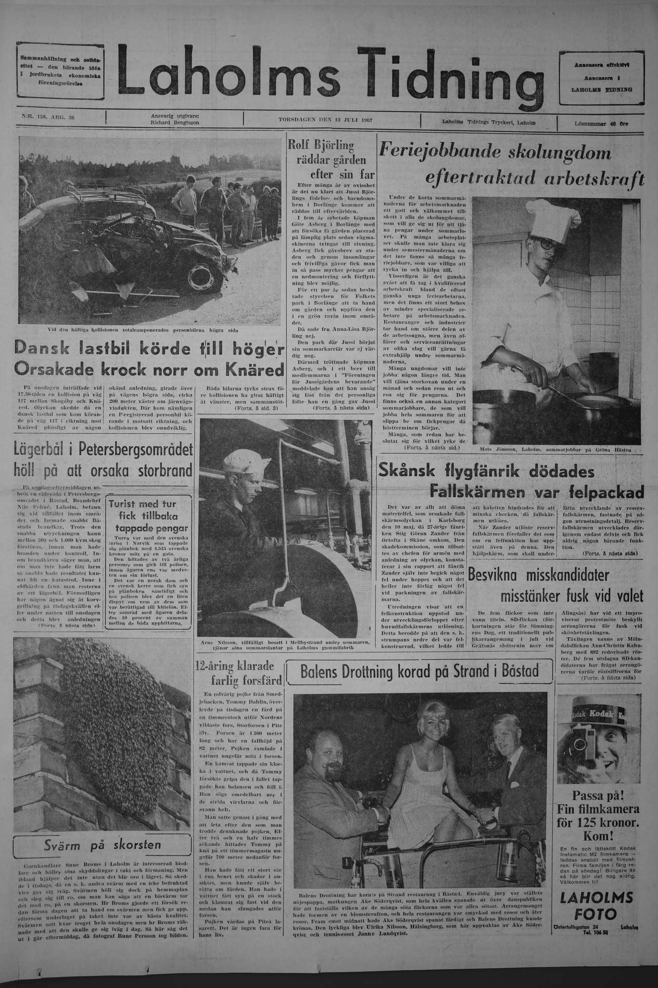 Laholms Tidning Torsdag 13 juli 1967, sida 1