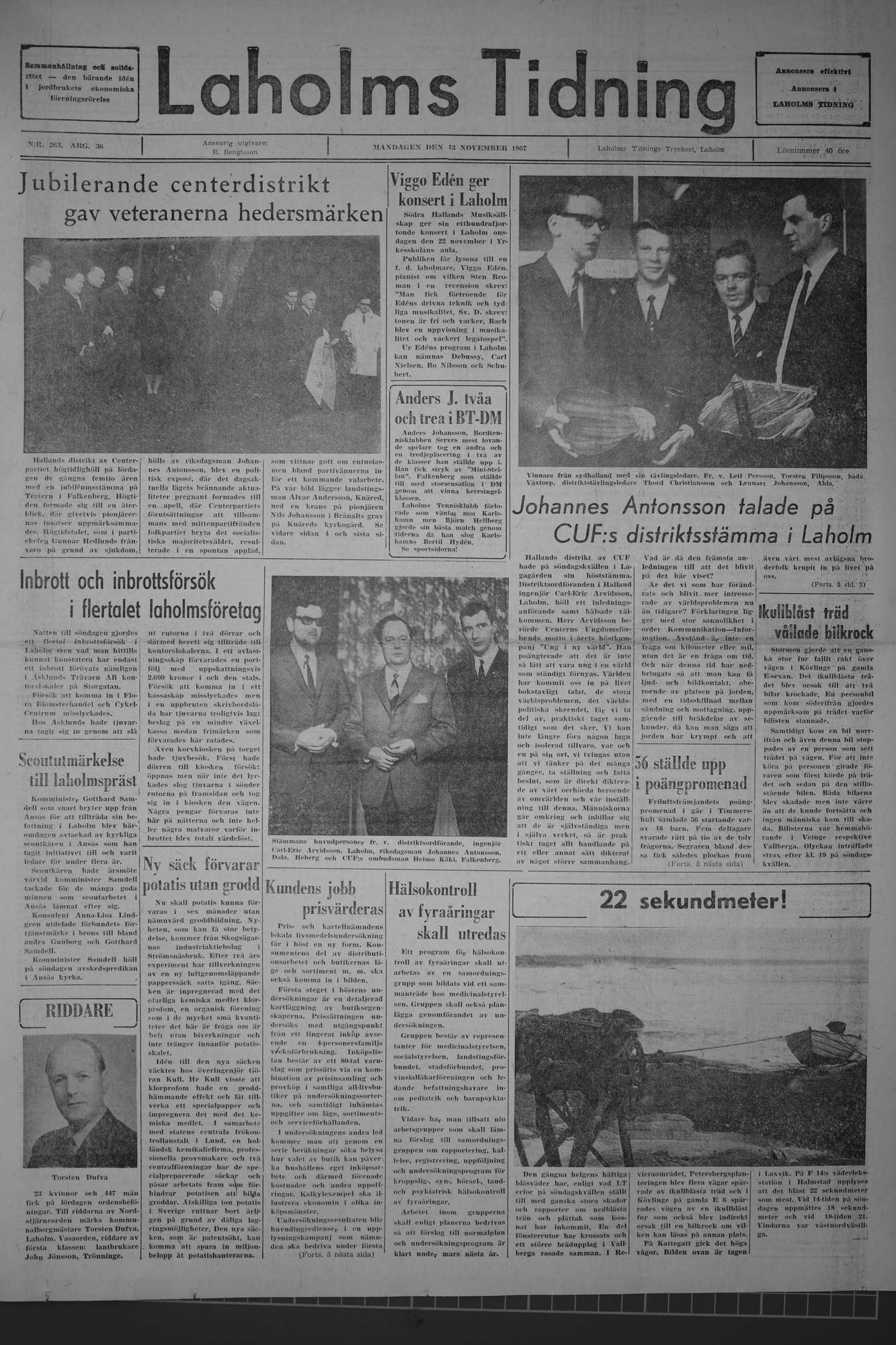 Laholms Tidning Måndag 13 november 1967, sida 1