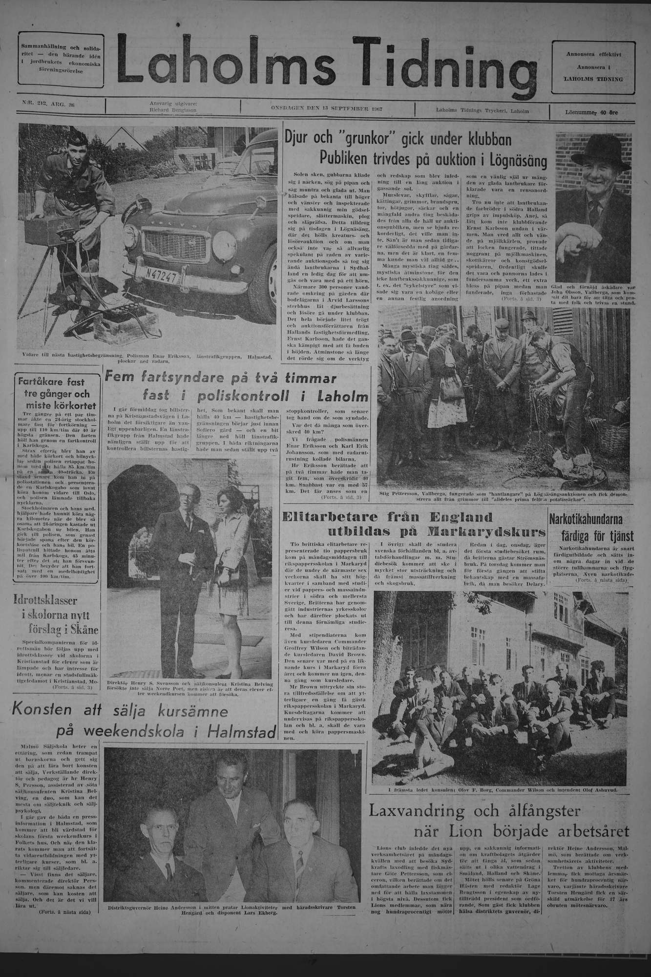 Laholms Tidning Onsdag 13 september 1967, sida 1