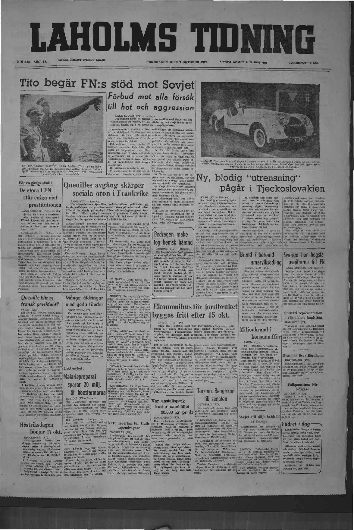 Laholms Tidning Fredag 7 oktober 1949, sida 1