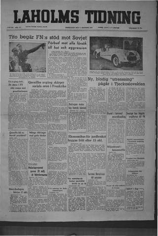 Förstasidan, Fredag 7 oktober 1949