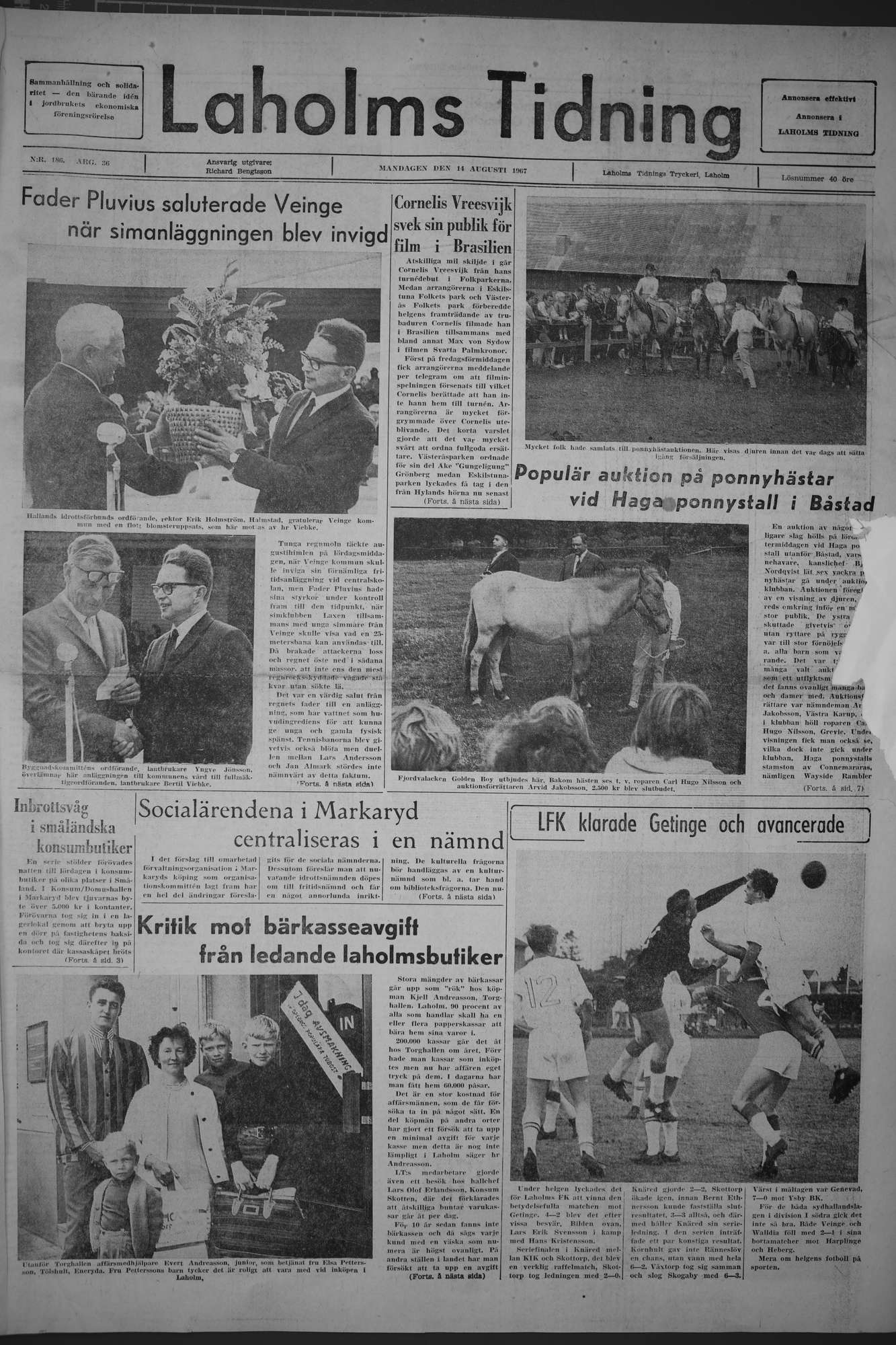 Laholms Tidning Måndag 14 augusti 1967, sida 1