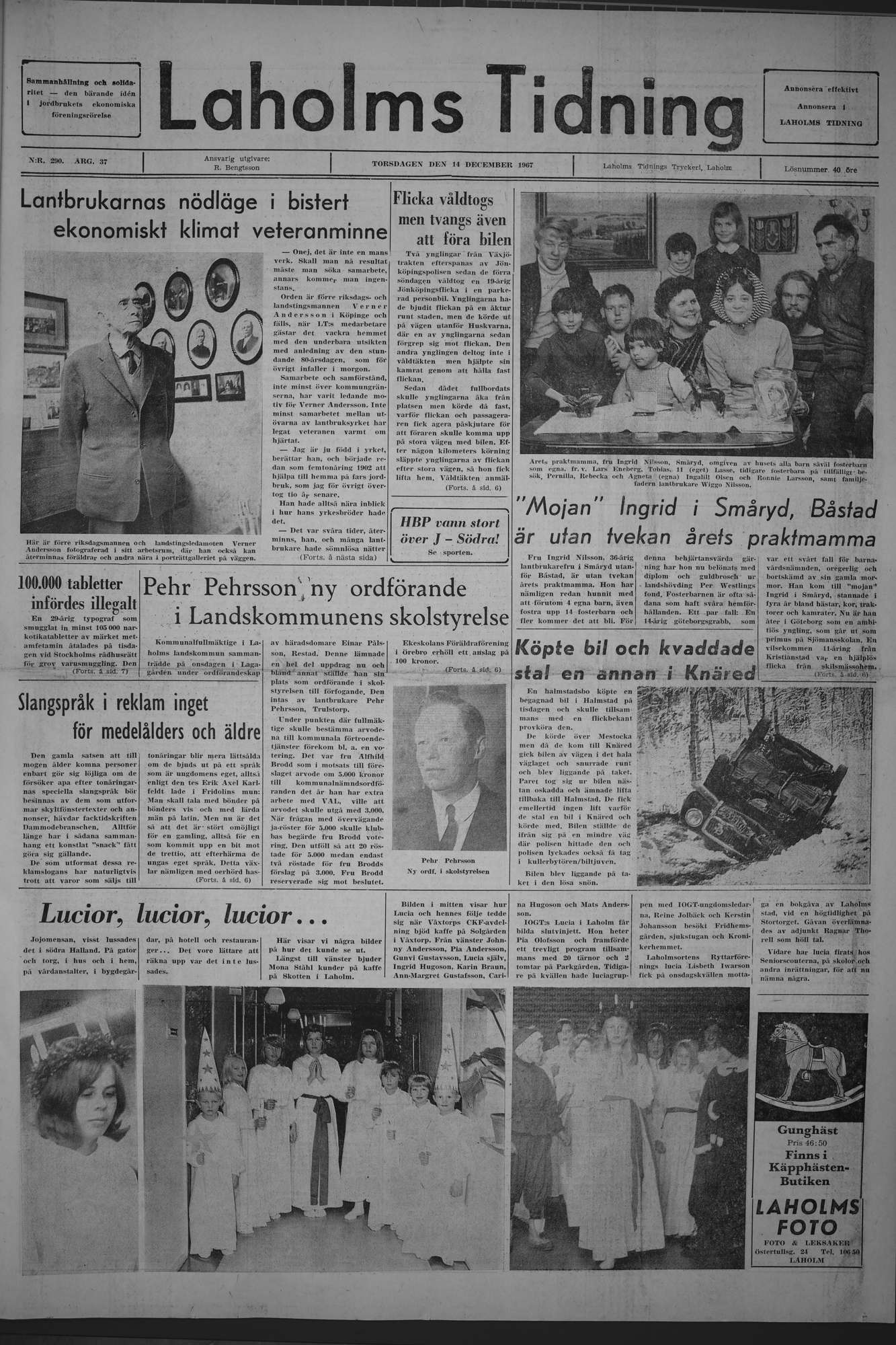 Laholms Tidning Torsdag 14 december 1967, sida 1