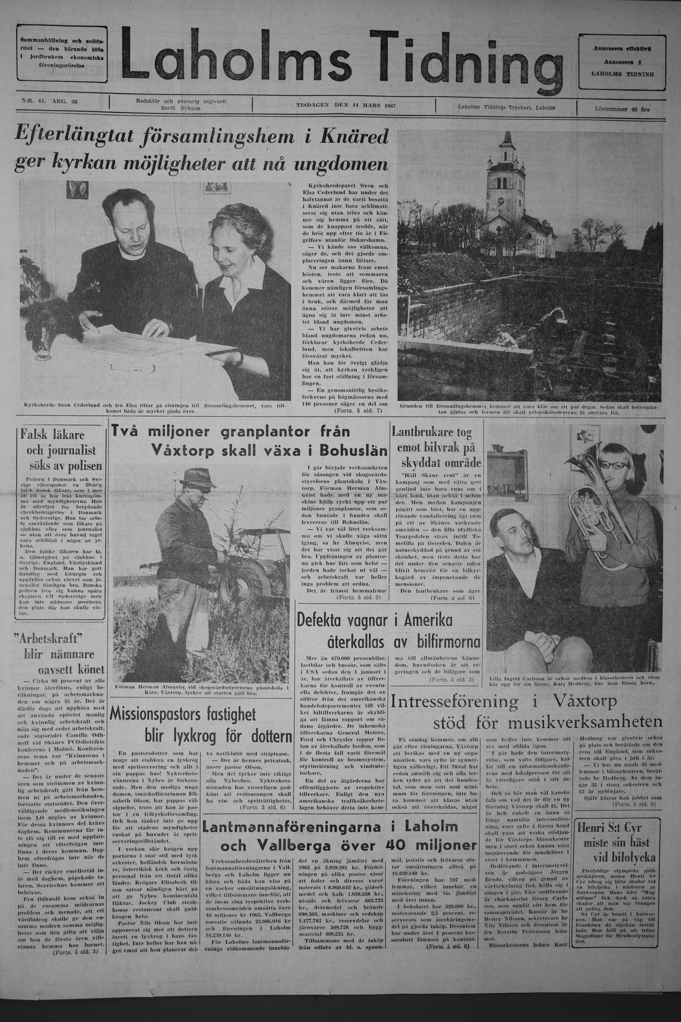 Laholms Tidning Tisdag 14 mars 1967, sida 1