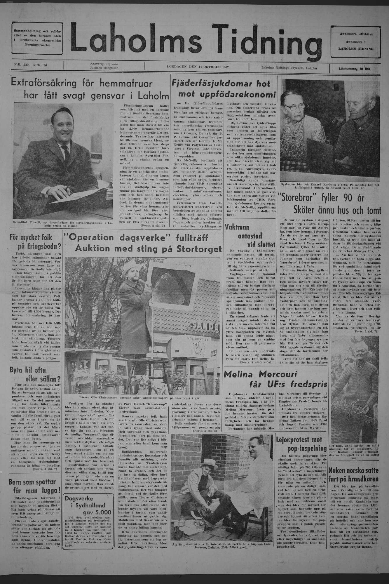 Laholms Tidning Lördag 14 oktober 1967, sida 1