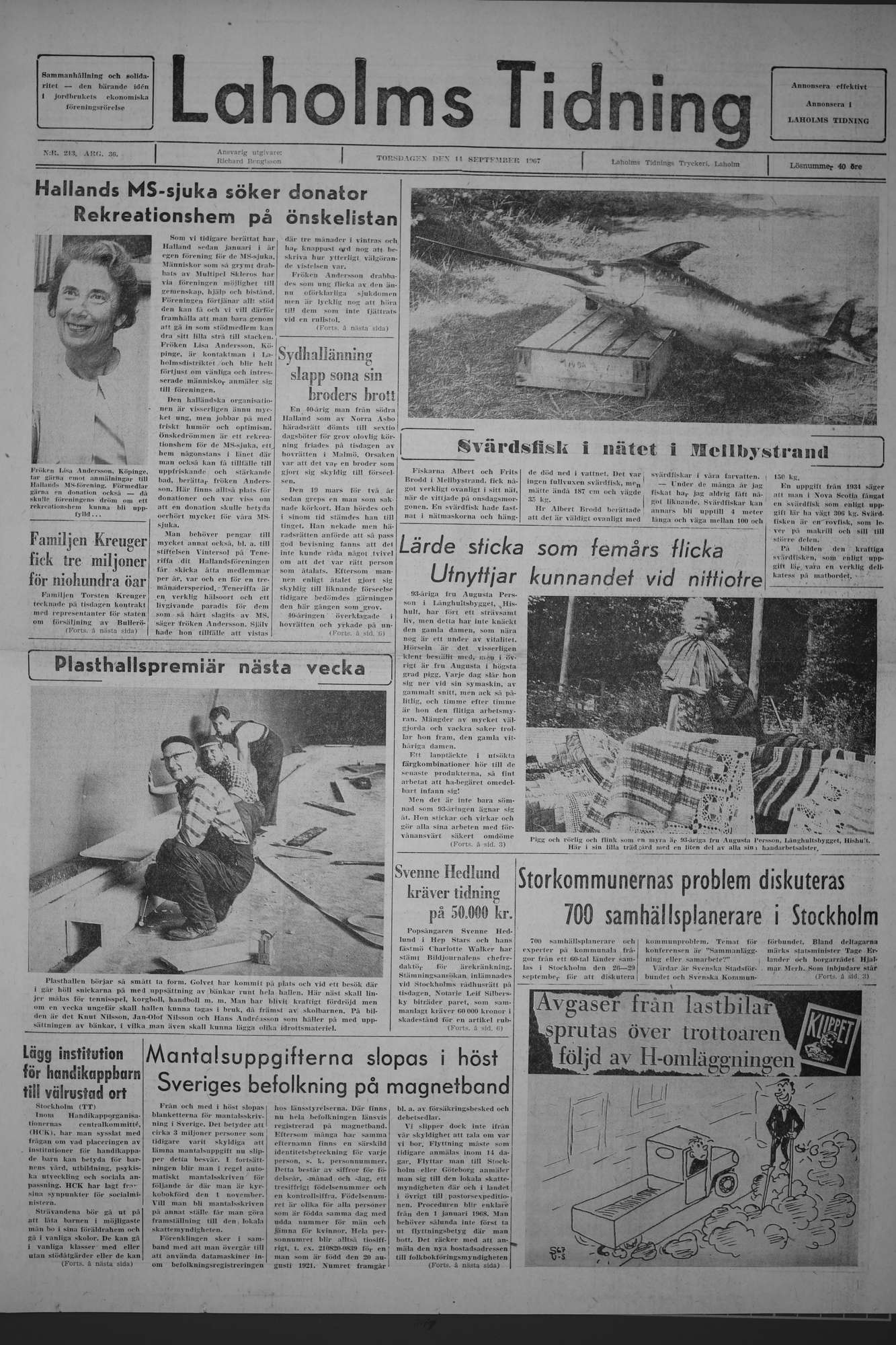 Laholms Tidning Torsdag 14 september 1967, sida 1