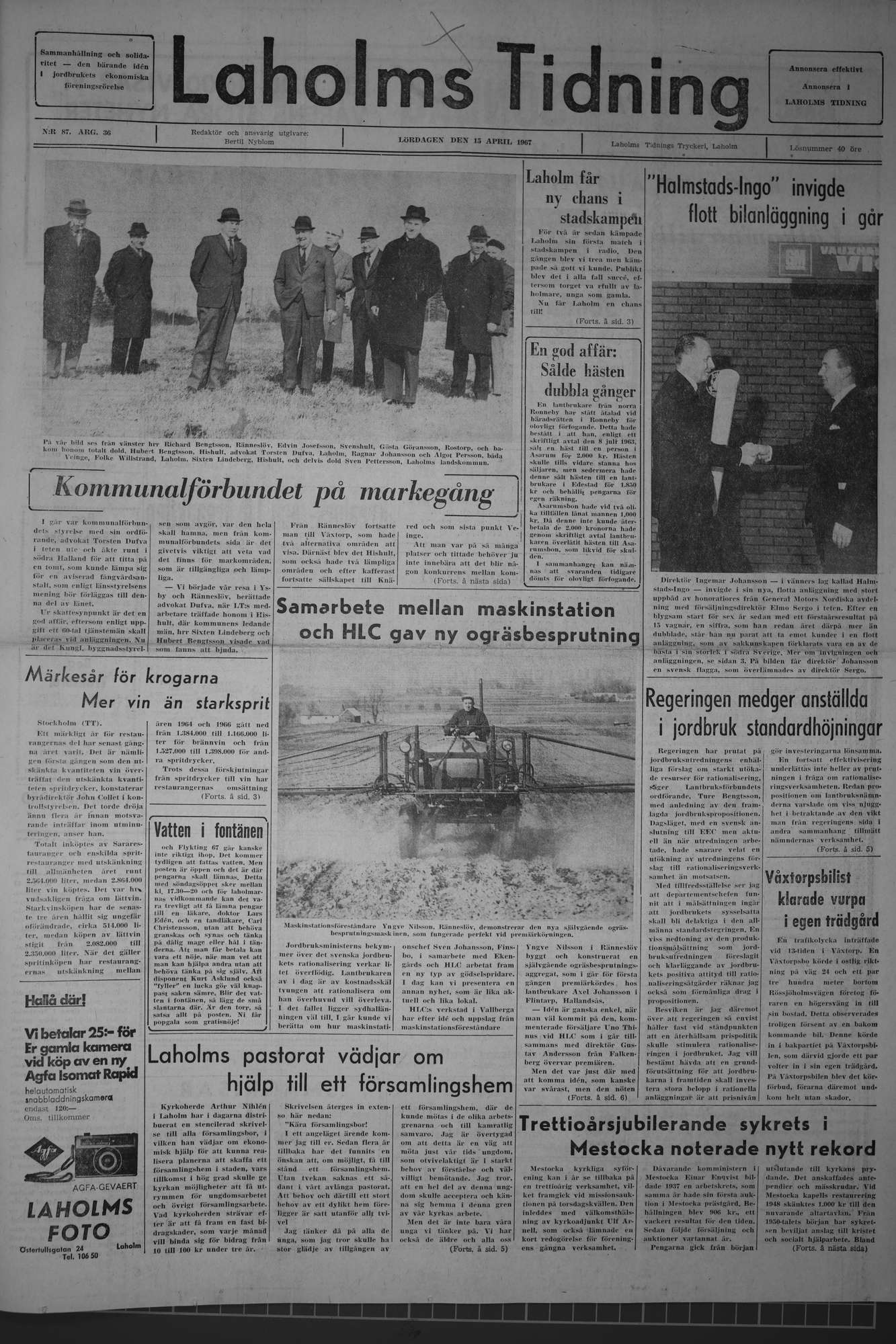 Laholms Tidning Lördag 15 april 1967, sida 1