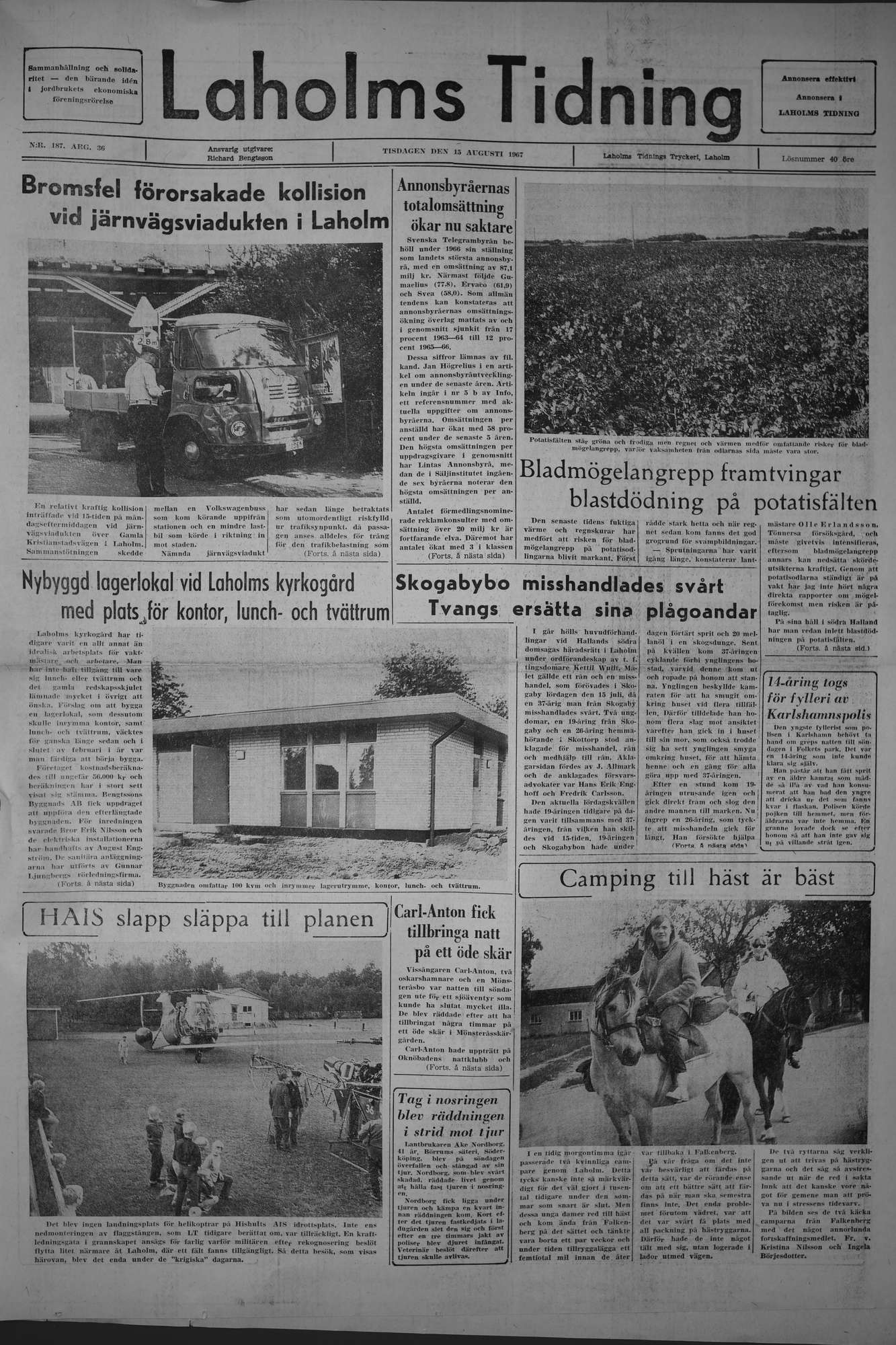 Laholms Tidning Tisdag 15 augusti 1967, sida 1