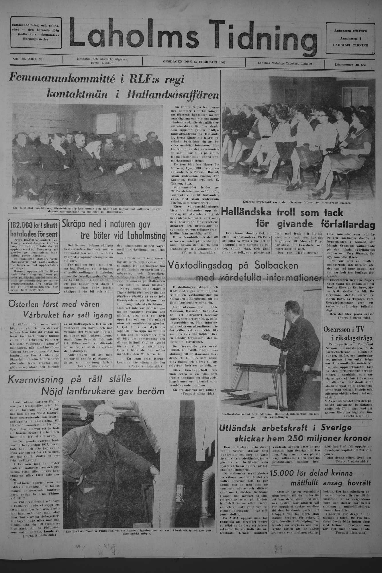 Laholms Tidning Onsdag 15 februari 1967, sida 1