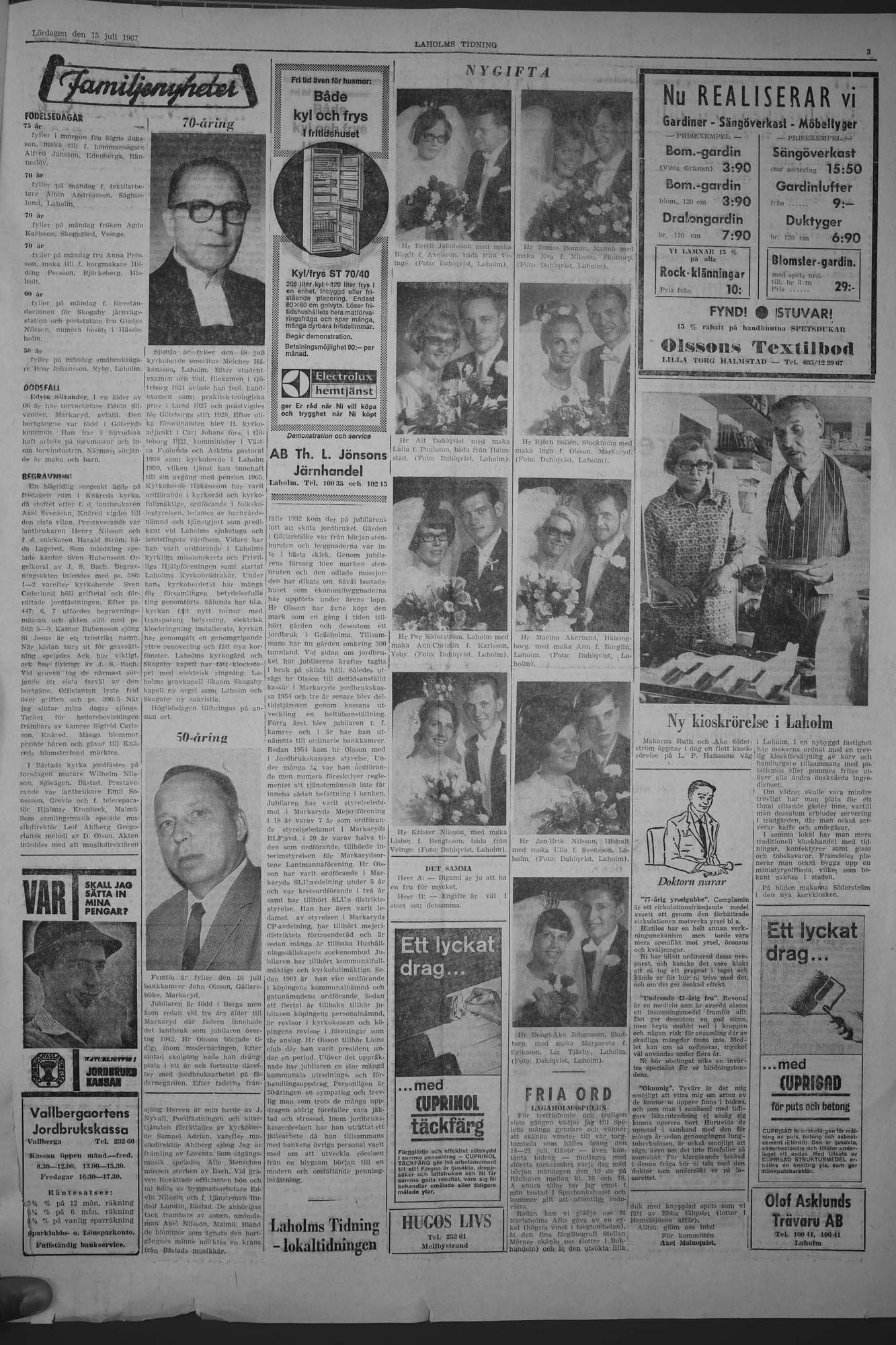 Laholms Tidning Lördag 15 juli 1967, sida 3