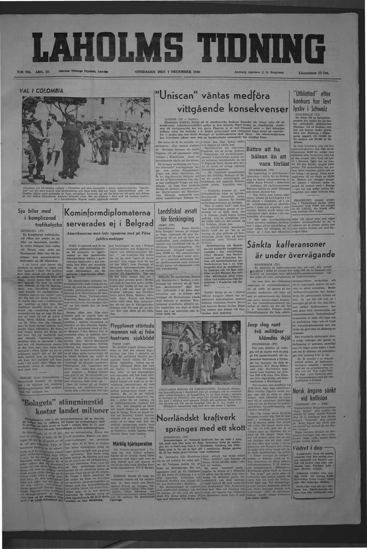 Laholms Tidning Onsdag 7 december 1949, sida 1
