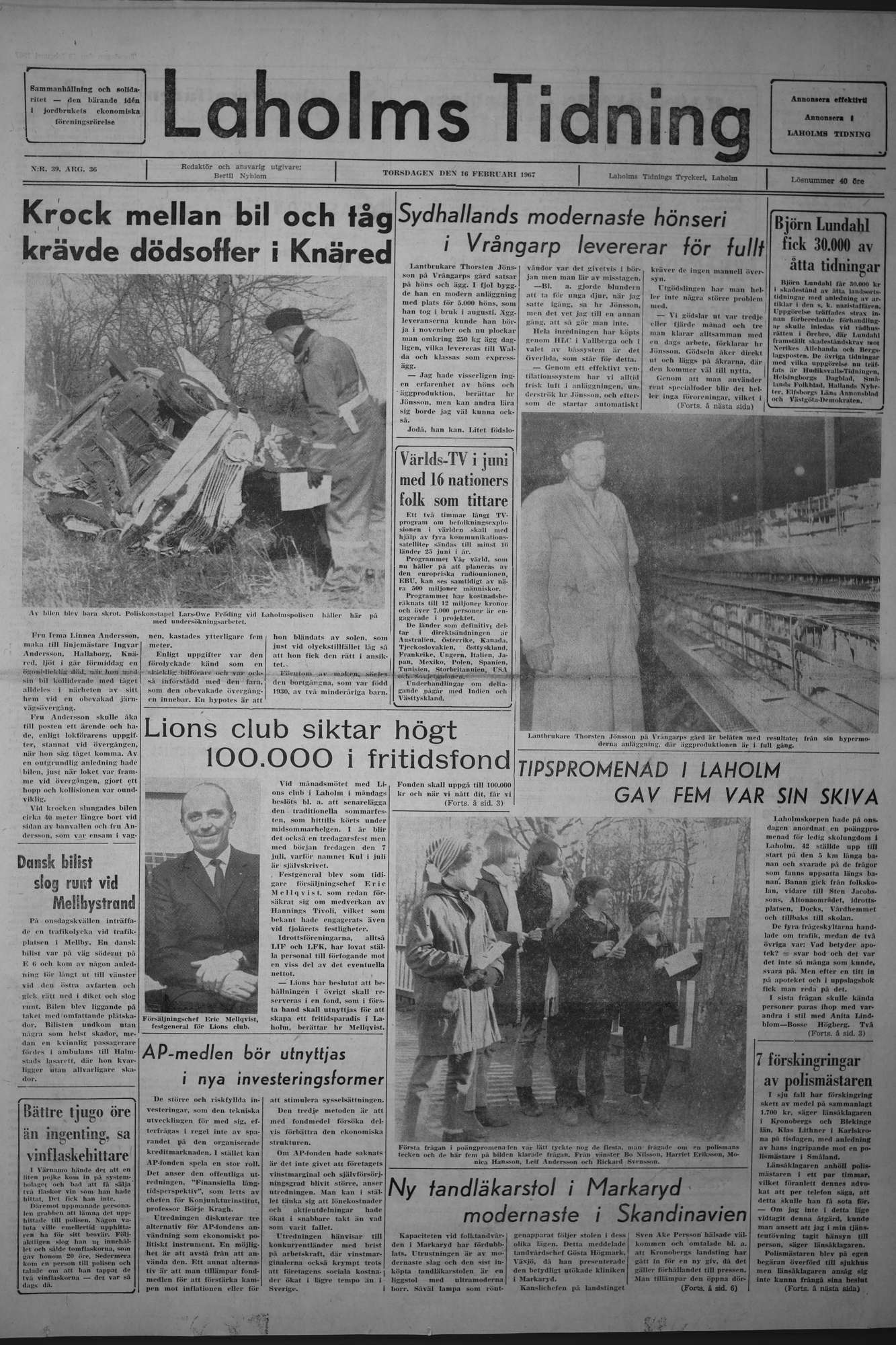 Laholms Tidning Torsdag 16 februari 1967, sida 1