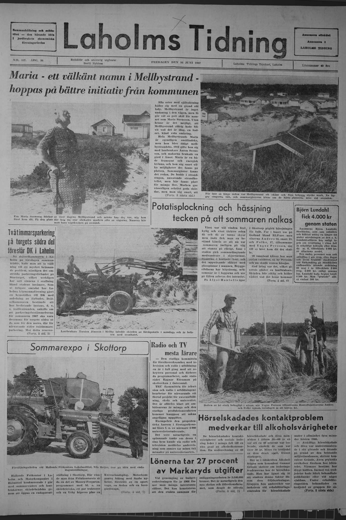 Laholms Tidning Fredag 16 juni 1967, sida 1