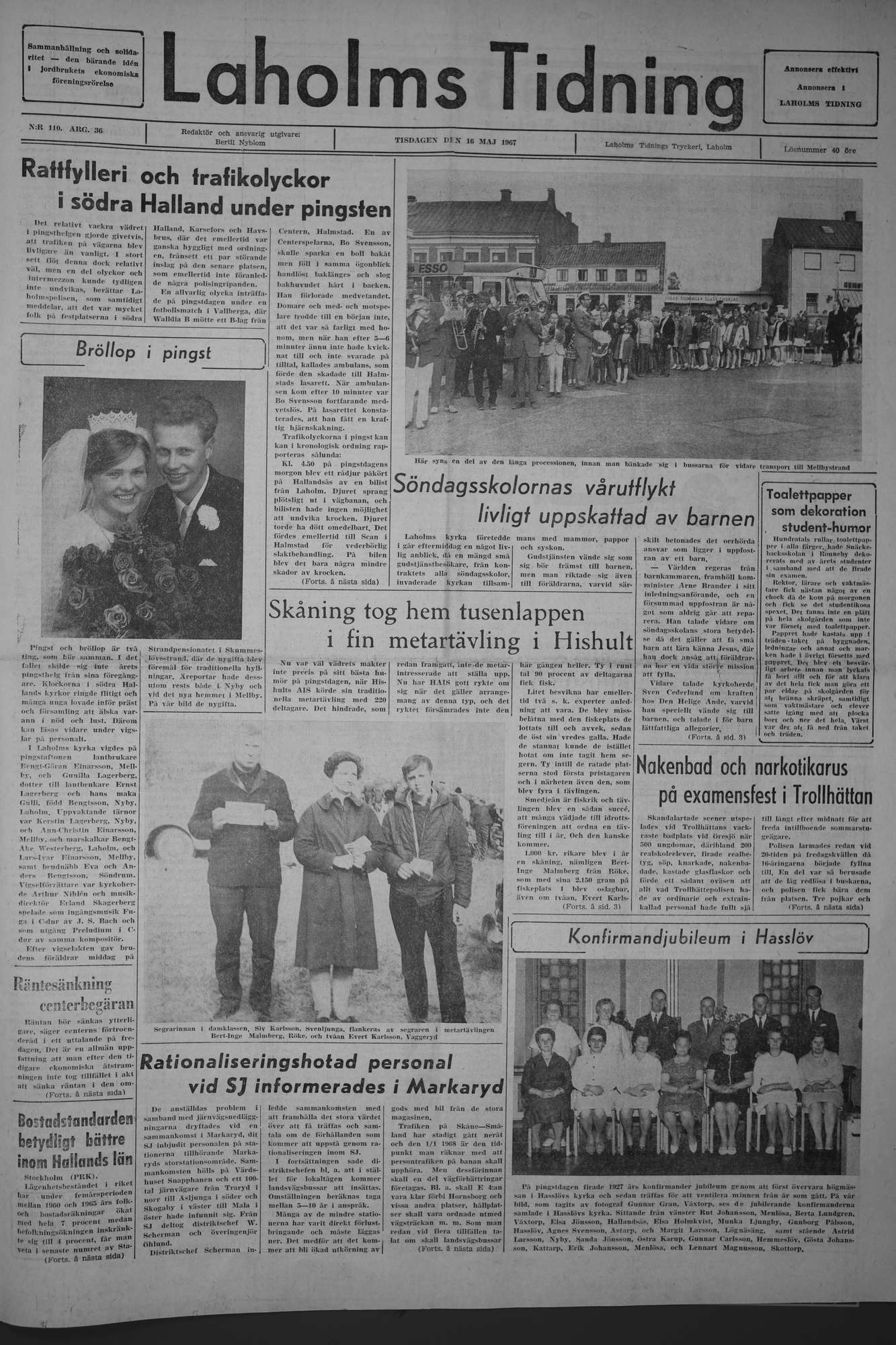 Laholms Tidning Tisdag 16 maj 1967, sida 1