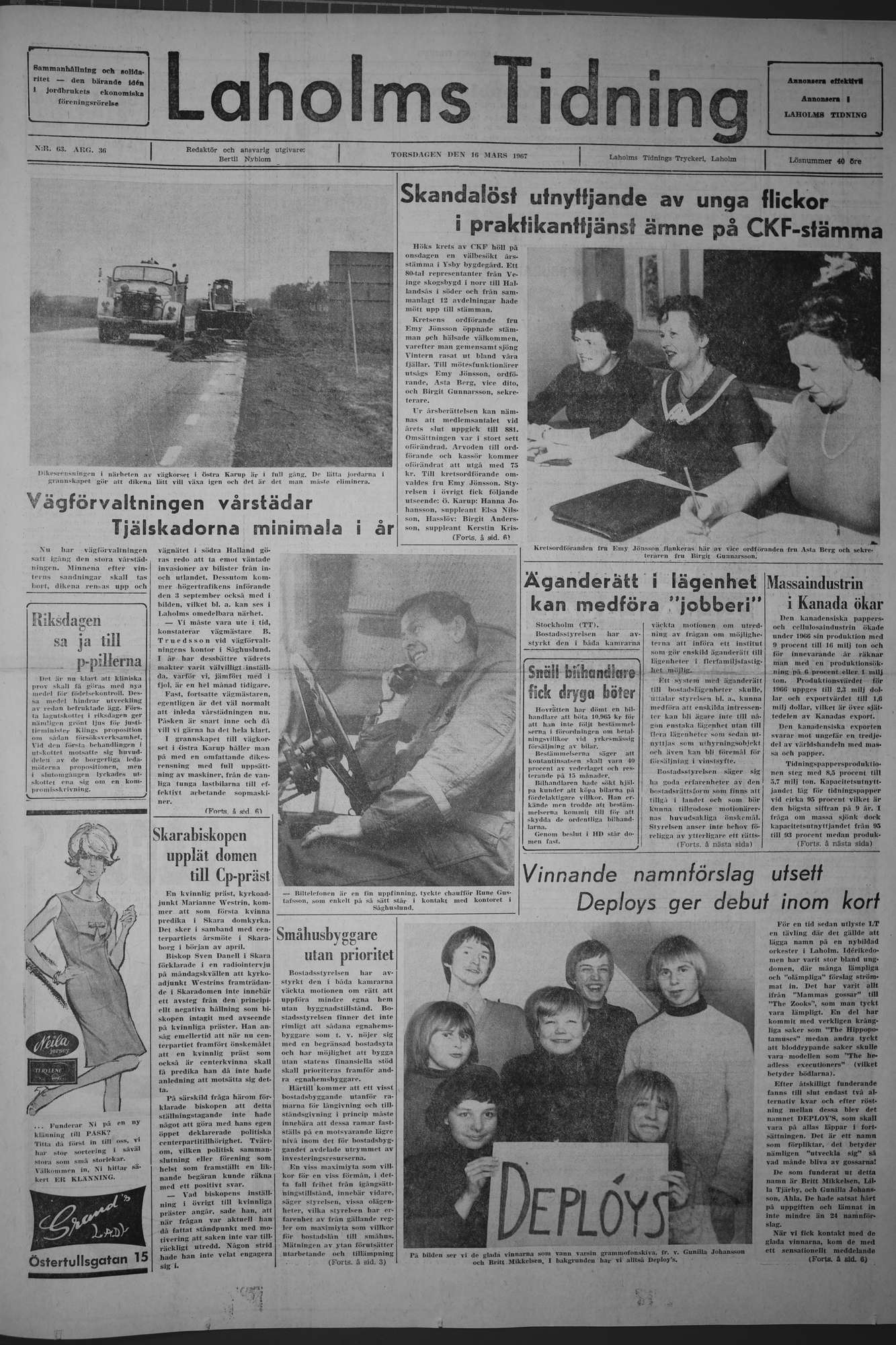 Laholms Tidning Torsdag 16 mars 1967, sida 1
