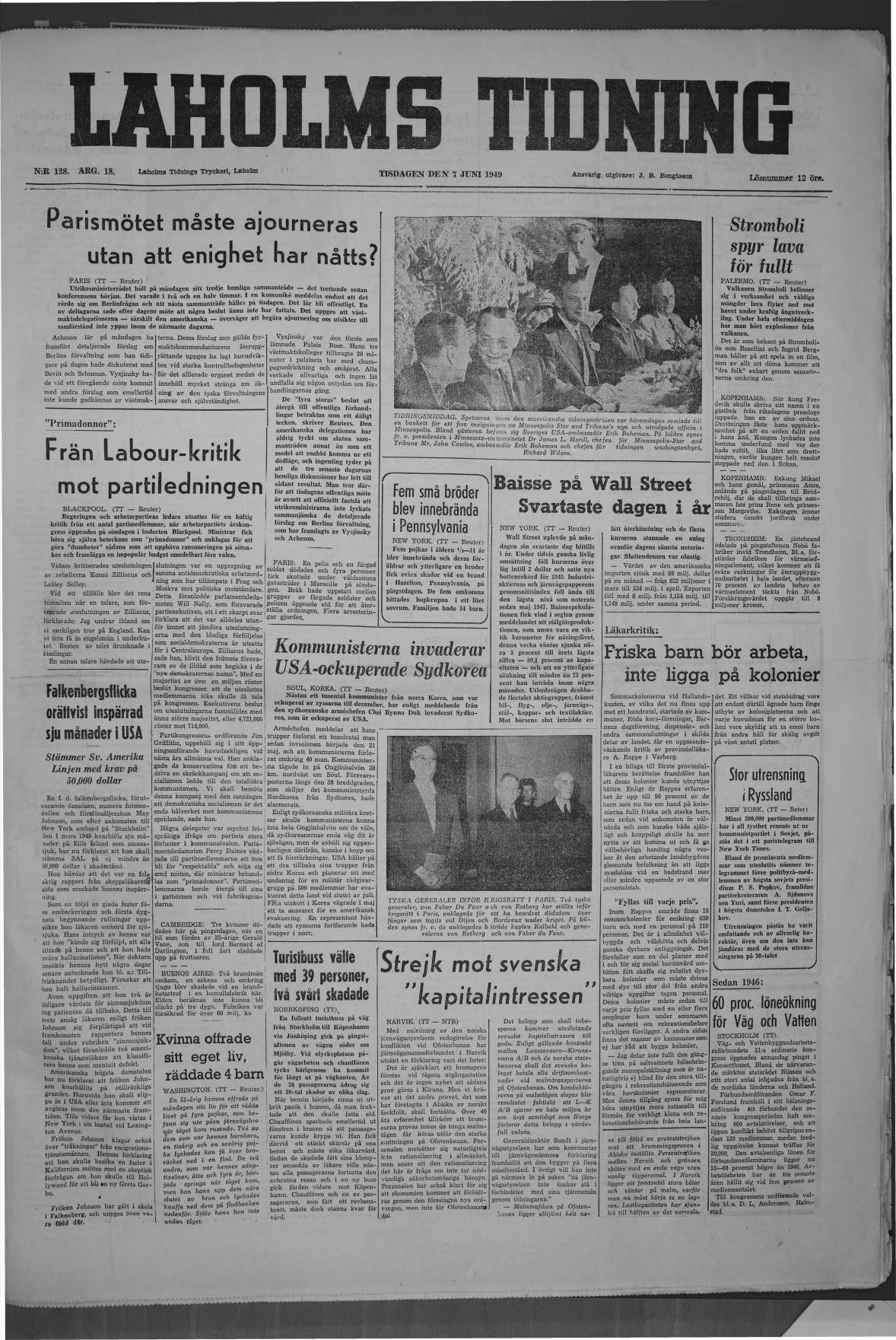 Laholms Tidning Tisdag 7 juni 1949, sida 1