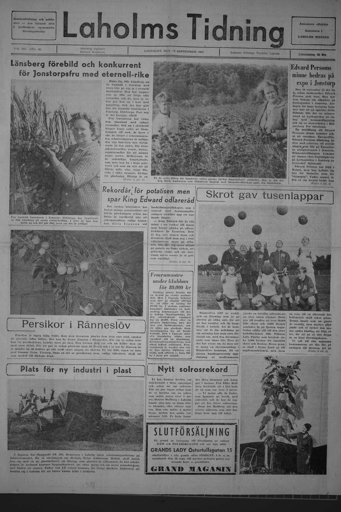 Laholms Tidning Lördag 16 september 1967, sida 1