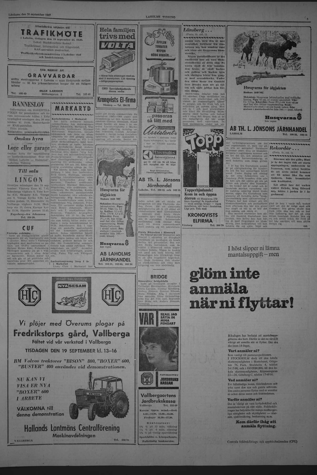 Laholms Tidning Lördag 16 september 1967, sida 3