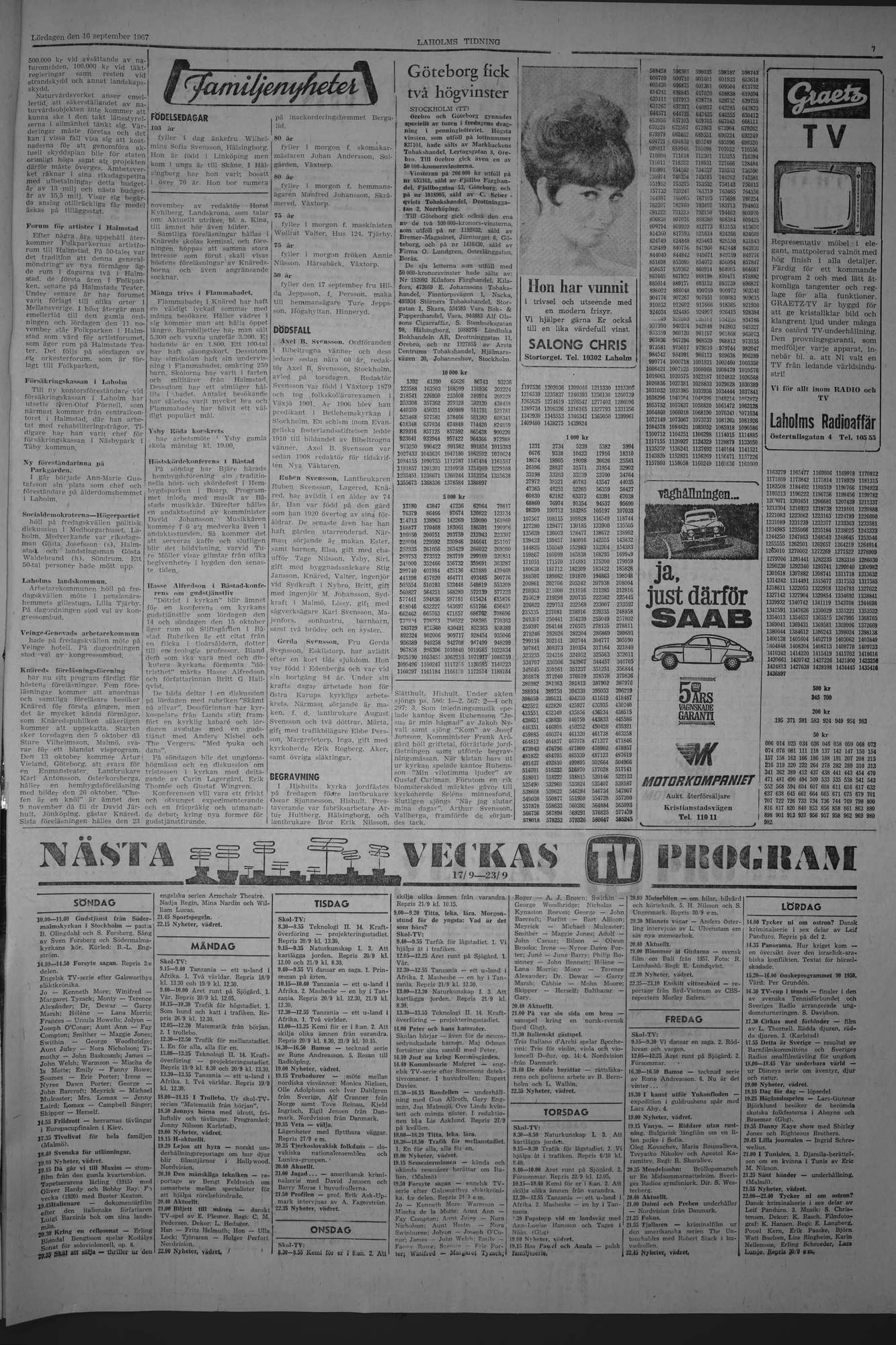 Laholms Tidning Lördag 16 september 1967, sida 7