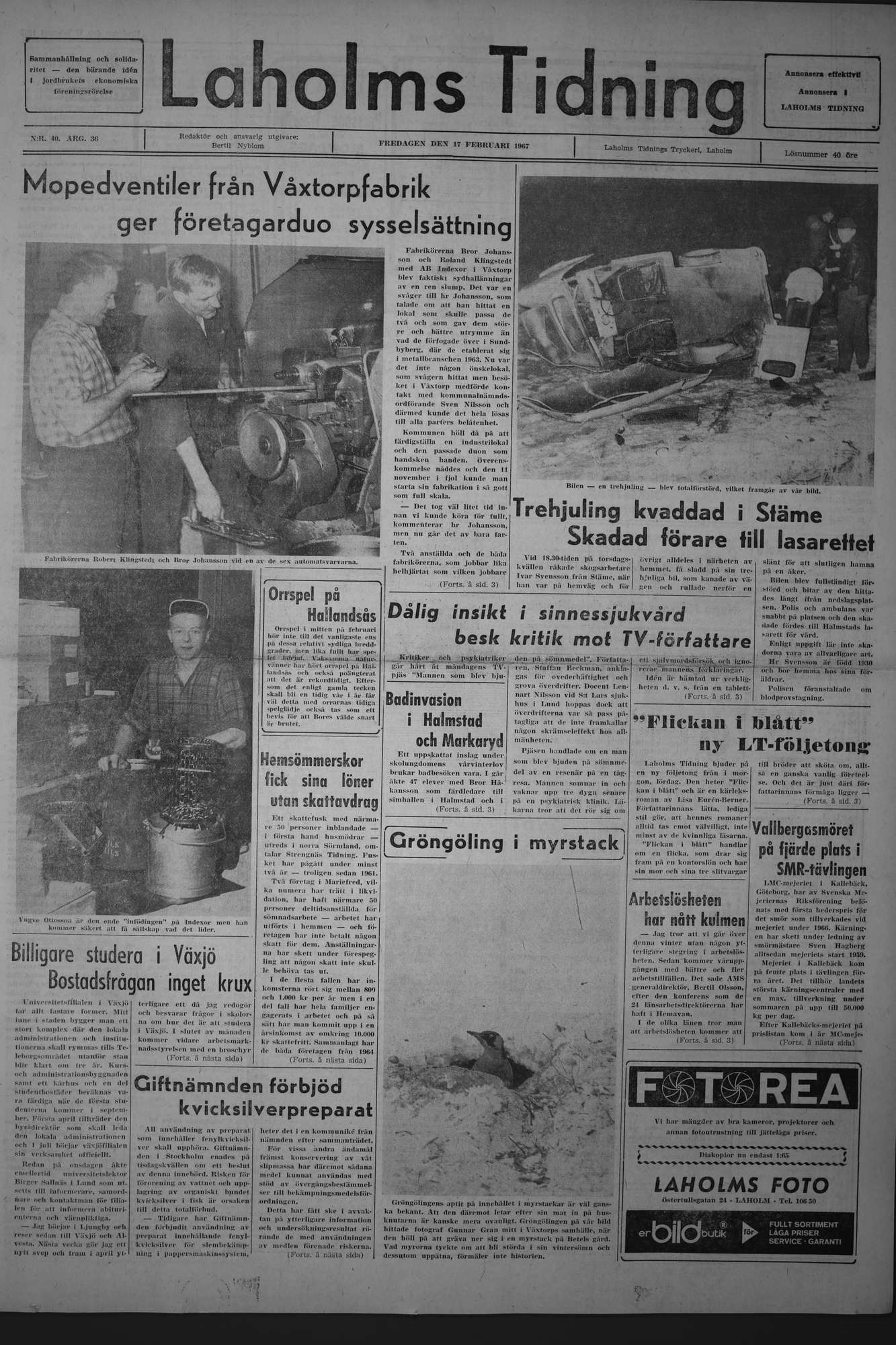 Laholms Tidning Fredag 17 februari 1967, sida 1