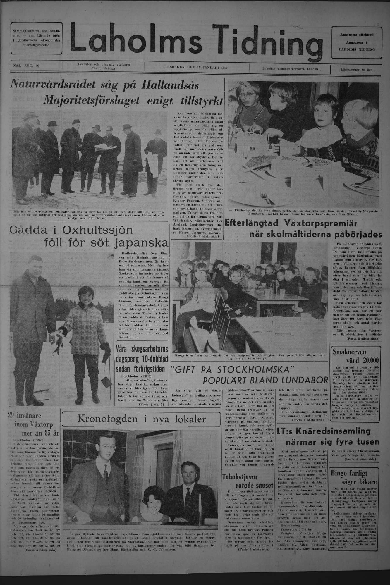 Laholms Tidning Tisdag 17 januari 1967, sida 1
