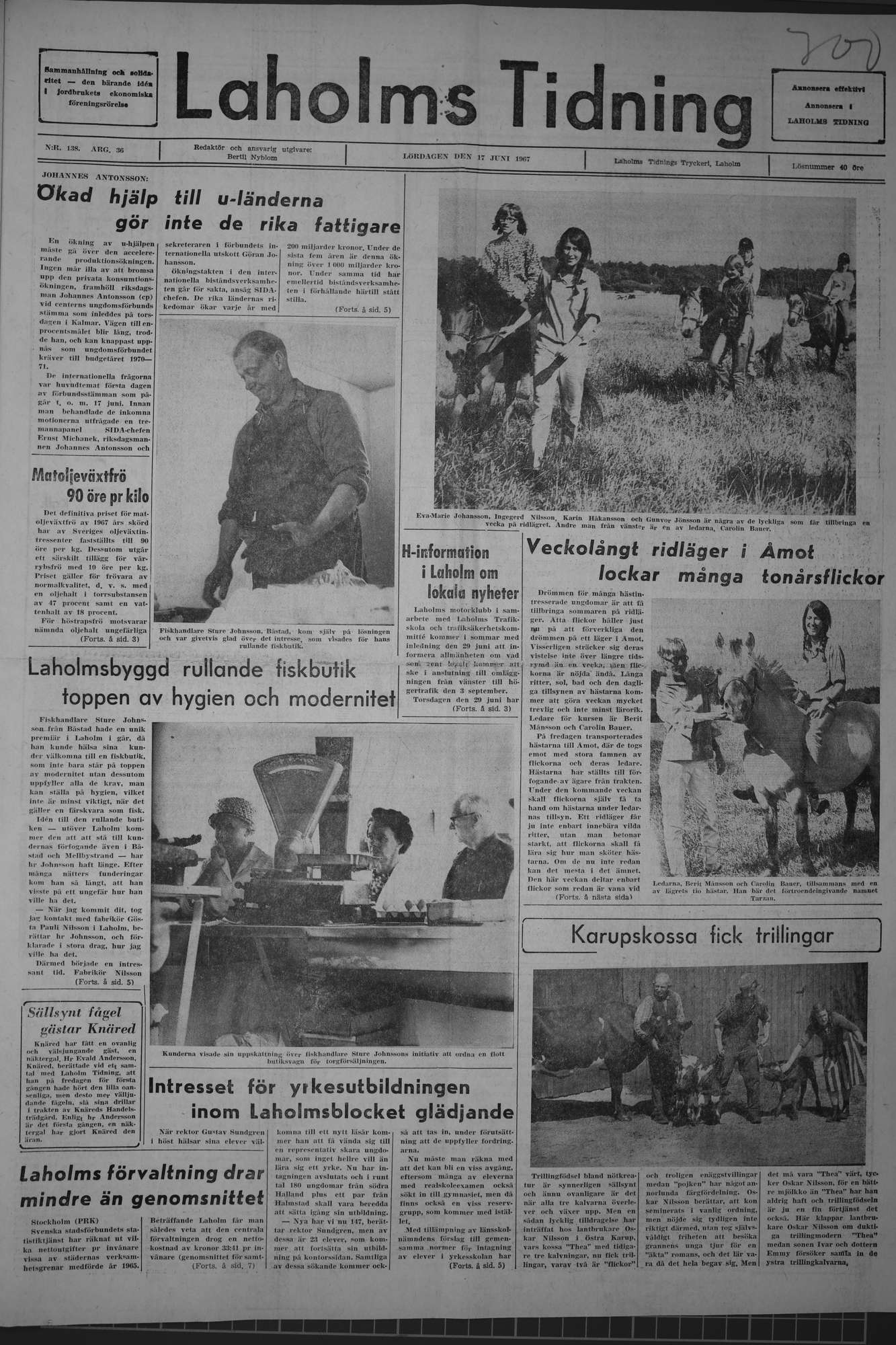Laholms Tidning Lördag 17 juni 1967, sida 1