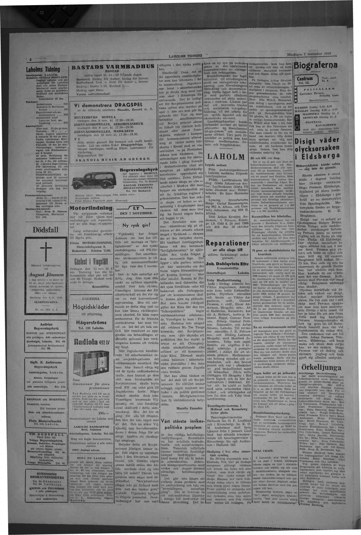 Laholms Tidning Måndag 7 november 1949, sida 2