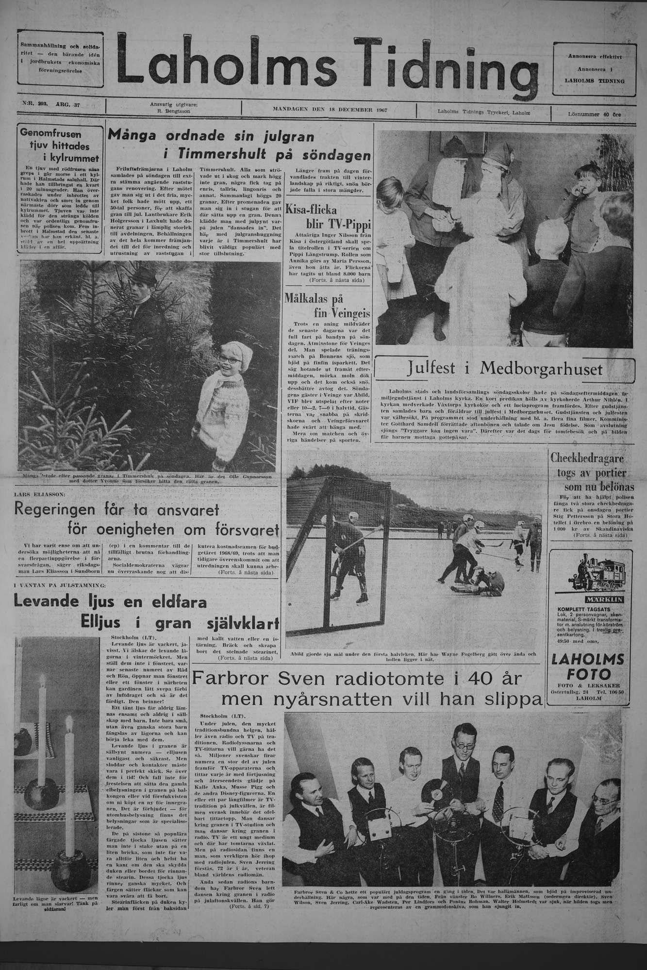Laholms Tidning Måndag 18 december 1967, sida 1